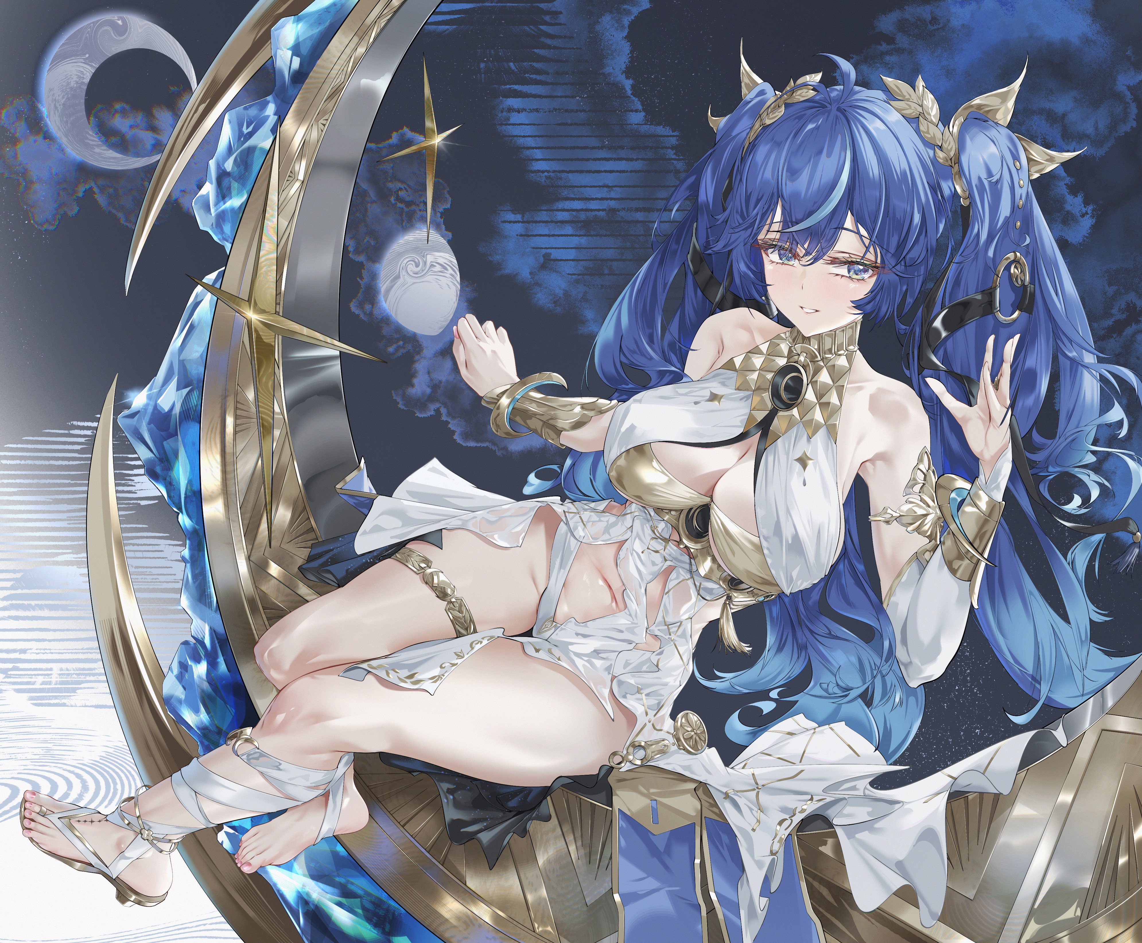 luridrumours, iuno (wuthering waves), wuthering waves, absurdres, commentary, highres, 1girl, ahoge, ancient greek clothes, armlet, bare shoulders, blue eyes, blue hair, breasts, cleavage, gladiator sandals, gold bra, greco-roman clothes, hand up, jewelry, laurel crown, long hair, looking at viewer, medium breasts, multicolored hair, navel, parted lips, sandals, showgirl skirt, single bare foot, smile, solo, stomach, streaked hair, tacet mark (wuthering waves), thighlet, thighs, toes, twintails, vambraces, very long hair