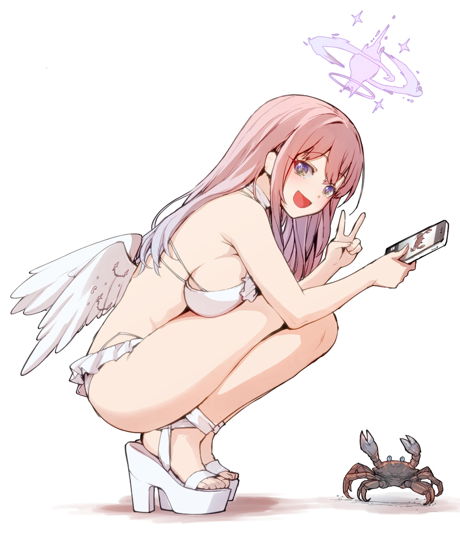 yuugo (atmosphere), mika (blue archive), mika (swimsuit) (blue archive), blue archive, highres, 1girl, angel wings, bikini, breasts, cellphone, crab, feathered wings, holding, holding phone, large breasts, long hair, low wings, official alternate costume, official alternate hairstyle, open mouth, phone, pink hair, purple eyes, sandals, sidelocks, simple background, smartphone, solo, squatting, swimsuit, v, very long hair, white background, white bikini, white wings, wings