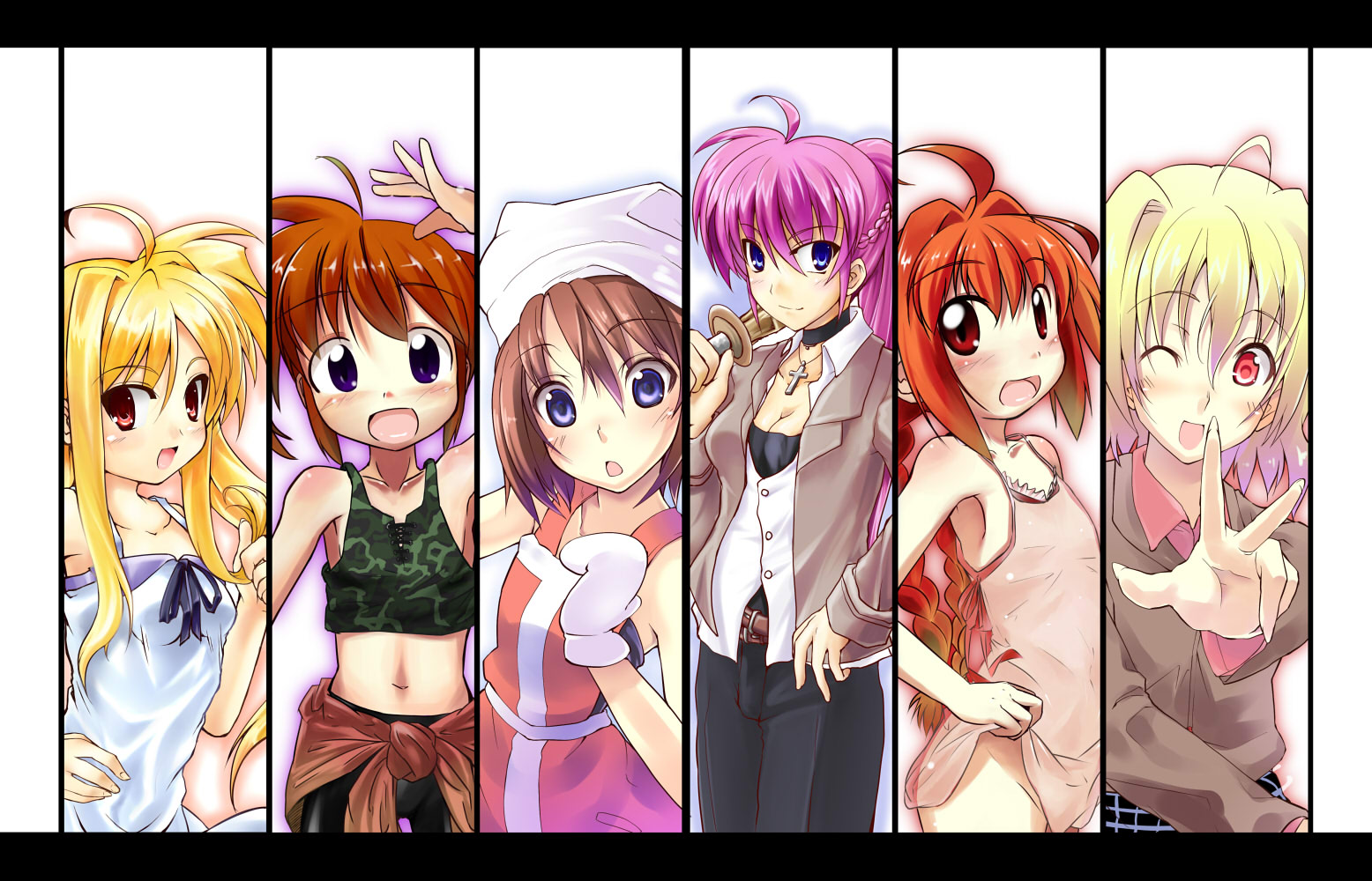 boshi (a-ieba), boshinote, fate testarossa, shamal, signum, takamachi nanoha, vita (nanoha), yagami hayate, lyrical nanoha, mahou shoujo lyrical nanoha, mahou shoujo lyrical nanoha a's, bad id, bad pixiv id, 00s, 6+girls, :d, ahoge, bare shoulders, blonde hair, blush, collarbone, crop top, long hair, looking at viewer, midriff, multiple girls, navel, no panties, open mouth, pink eyes, pink hair, red eyes, smile, stomach, very long hair