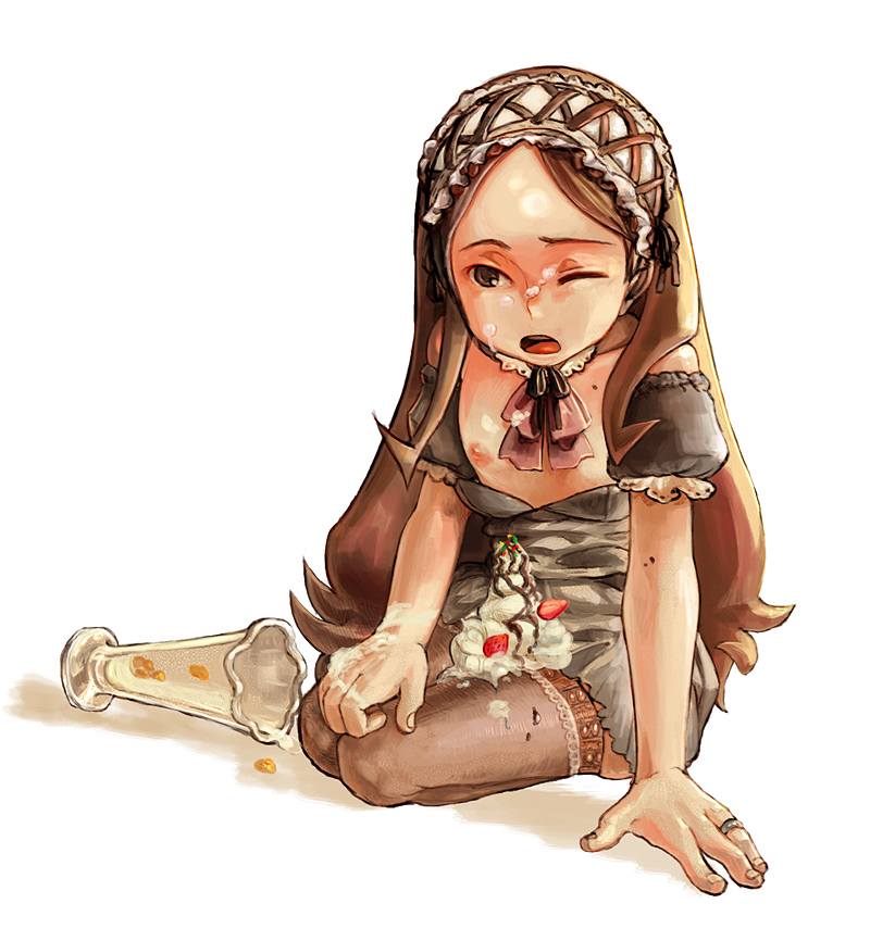 bad id, bad pixiv id, 1girl, artistic error, breasts, brown hair, female focus, food, ice cream, long hair, nipple slip, nipples, sexually suggestive, small breasts, solo