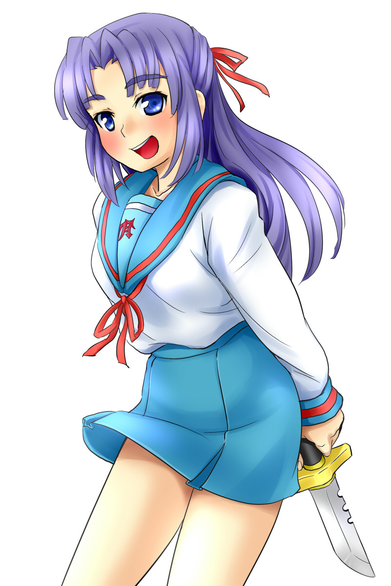 ameyoii, asakura ryoko, suzumiya haruhi no yuuutsu, bad id, bad pixiv id, highres, 00s, blue eyes, blue hair, knife, long hair, school uniform, serafuku, solo, tesunuri