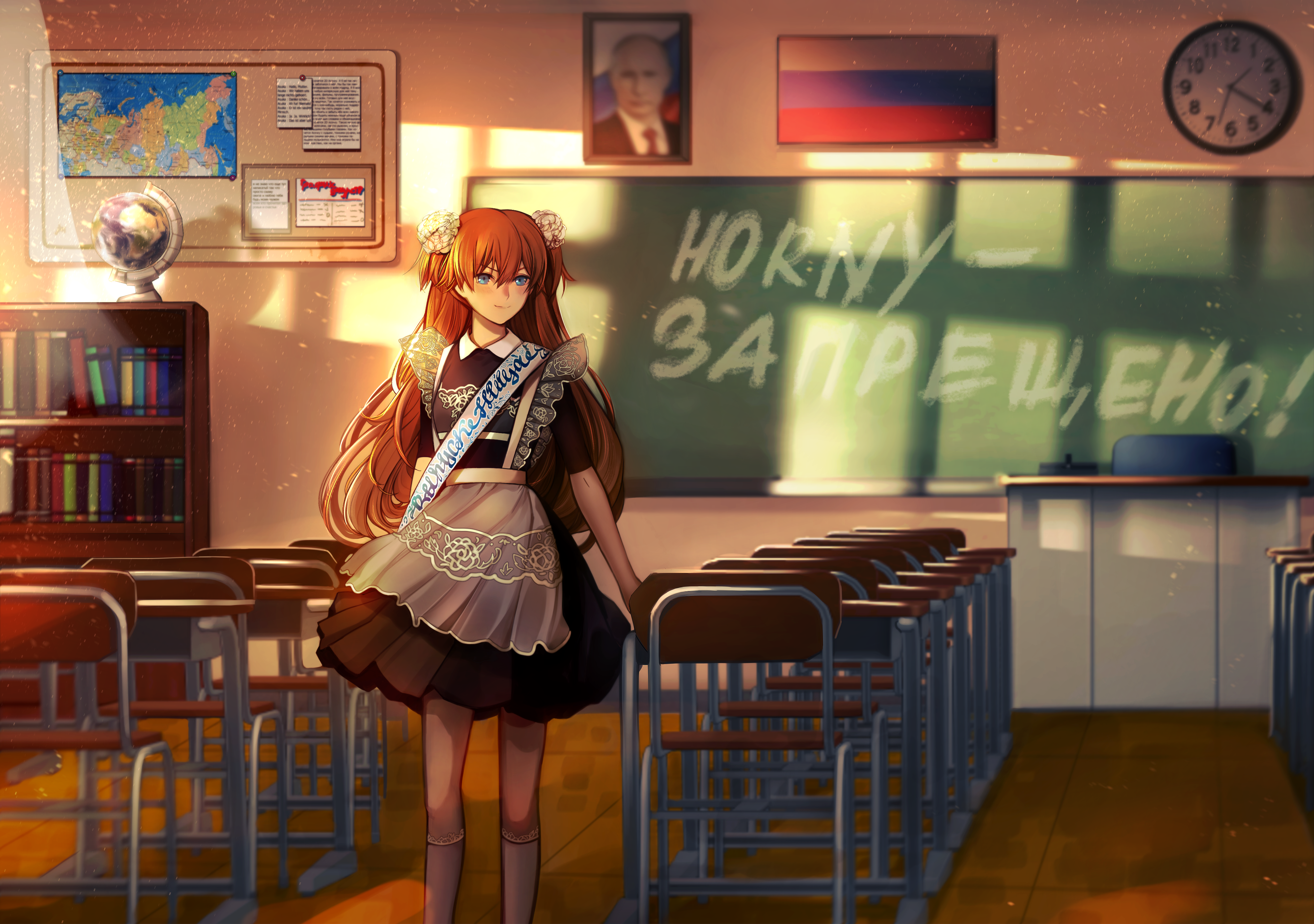 rlf 00, souryuu asuka langley, vladimir putin, neon genesis evangelion, absurdres, commentary, highres, partially translated, translation request, 1girl, black dress, blue eyes, blurry, blurry background, blush, book, bookshelf, chair, chalkboard, clock, closed mouth, desk, dress, english text, feet out of frame, floral print, frills, german text, globe, hair between eyes, hair ornament, indoors, light particles, long hair, looking to the side, map (object), orange hair, portrait (object), ribbon, russian commentary, russian flag, russian text, school, school chair, school desk, school uniform, smile, socks, solo, standing, sunlight, wall clock, white socks