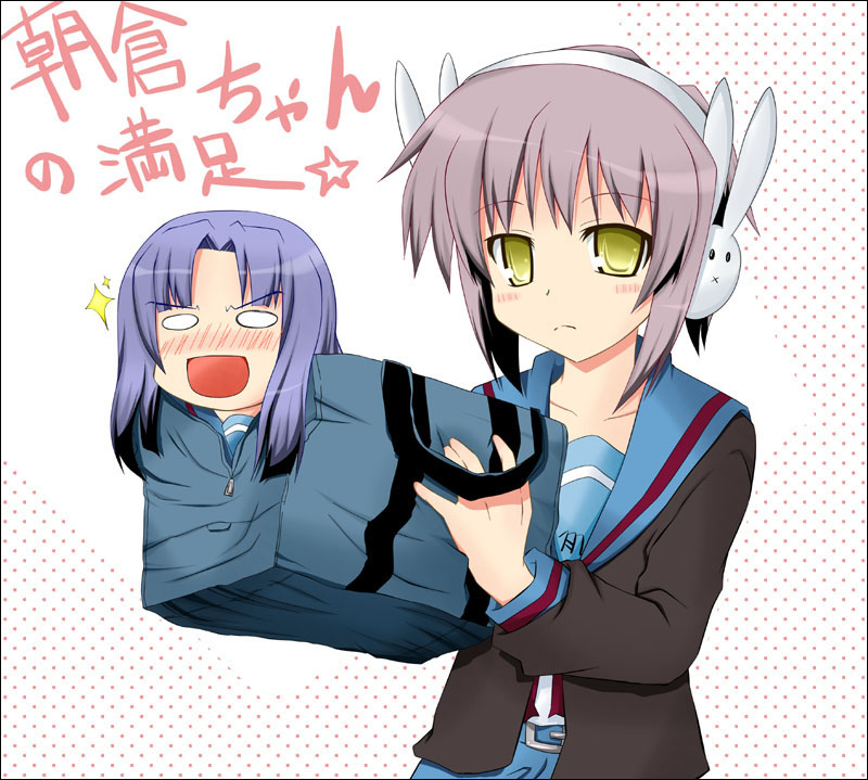 rioshi, achakura, asakura ryoko, nagato yuki, suzumiya haruhi-chan no yuuutsu, suzumiya haruhi no yuuutsu, silver hair, translation request, 00s, 2girls, bag, blue eyes, blue hair, bunny headphones, chibi, headphones, multiple girls, school uniform, serafuku, short hair