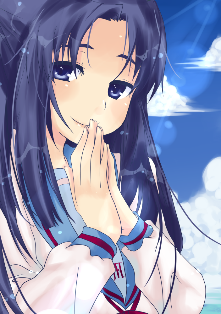 ruura, asakura ryoko, suzumiya haruhi no yuuutsu, bad id, bad pixiv id, 00s, 1girl, blue eyes, blue hair, day, female focus, long hair, school uniform, serafuku, sky, smile, solo