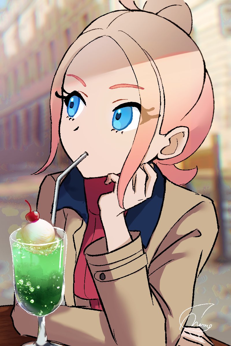 meru merume603, taunie (pokemon), nintendo, pokemon, pokemon legends: z-a, commentary, highres, 1girl, blonde hair, blue eyes, blurry, blurry background, breasts, brown jacket, cherry, day, drinking, drinking straw, eyelashes, food, fruit, jacket, looking up, mouth hold, outdoors, parted bangs, red shirt, ribbed shirt, shirt, sidelocks, signature, solo, table