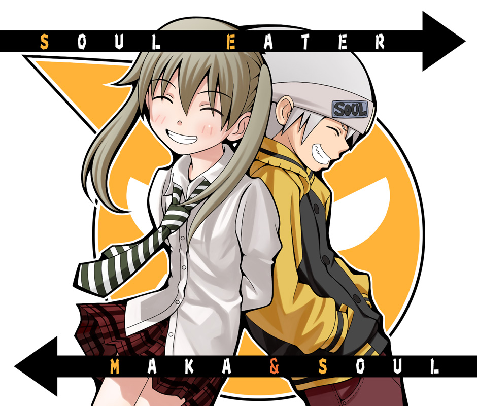 nekopuchi, maka albarn, soul evans, soul eater, 00s, back-to-back, character name, closed eyes, collared shirt, copyright name, necktie, plaid clothes, plaid skirt, shirt, skirt