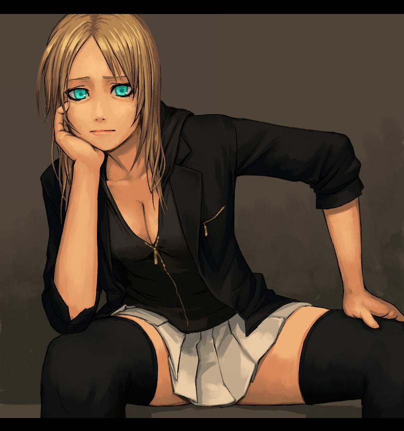 yuuji (and), mustard seeds, original, hand on leg, bad id, bad pixiv id, 1girl, :|, aqua eyes, black jacket, black shirt, black thighhighs, blonde hair, blue eyes, bored, breasts, cleavage, closed mouth, female focus, green eyes, hand on own face, hands on own face, head rest, jacket, leaning, long hair, looking at viewer, medium breasts, shirt, sitting, skirt, solo, spread legs, thighhighs, thighs, white skirt, zettai ryouiki, zipper