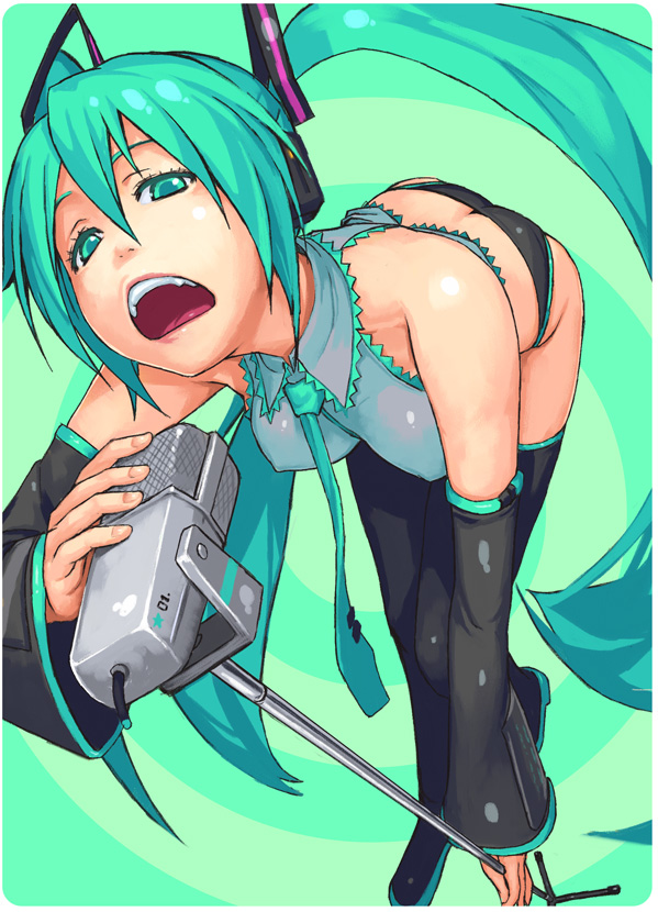 yuuji (and), hatsune miku, vocaloid, bad id, bad pixiv id, 1girl, aqua hair, ass, bent over, black panties, butt crack, d:, female focus, long hair, microphone, microphone stand, open mouth, panties, solo, thighhighs, underwear, very long hair