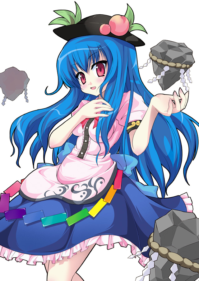 betanya, hinanawi tenshi, touhou, 1girl, blue hair, dress, female focus, food, fruit, hat, kaname-ishi, leaf, long hair, peach, red eyes, rope, shimenawa, simple background, solo