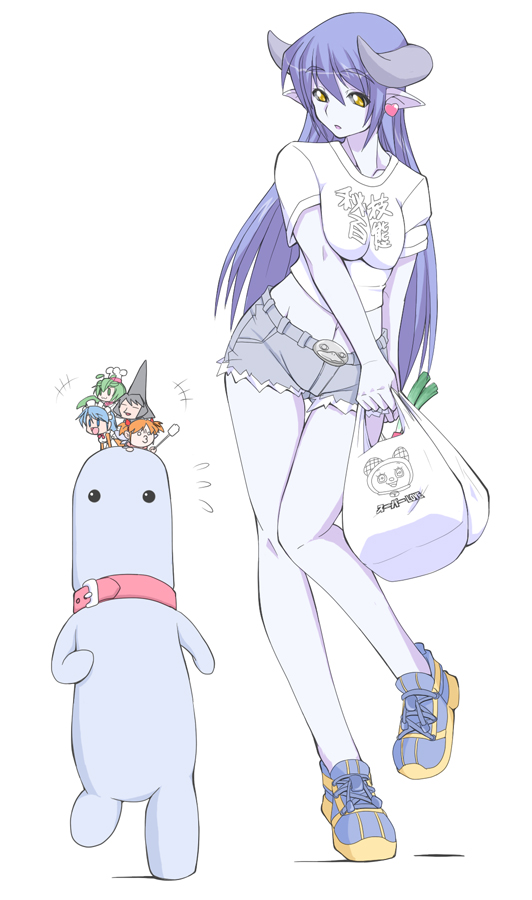 ruriwo (ruriwo1894), astaroth (shinrabanshou), ce-tan, chikoi, inu (nijiura), mobiko, futaba channel, nijiura maids, os-tan, shinrabanshou, bad id, bad pixiv id, 1girl, black sclera, blue hair, blue skin, breasts, breasts squeezed together, casual, colored sclera, colored skin, demon, denim, denim shorts, earrings, groceries, heart, heart earrings, horns, jewelry, long hair, makibishi, mini person, minigirl, pointy ears, shirt, shoes, short shorts, shorts, small breasts, sneakers, spring onion, t-shirt, yellow eyes