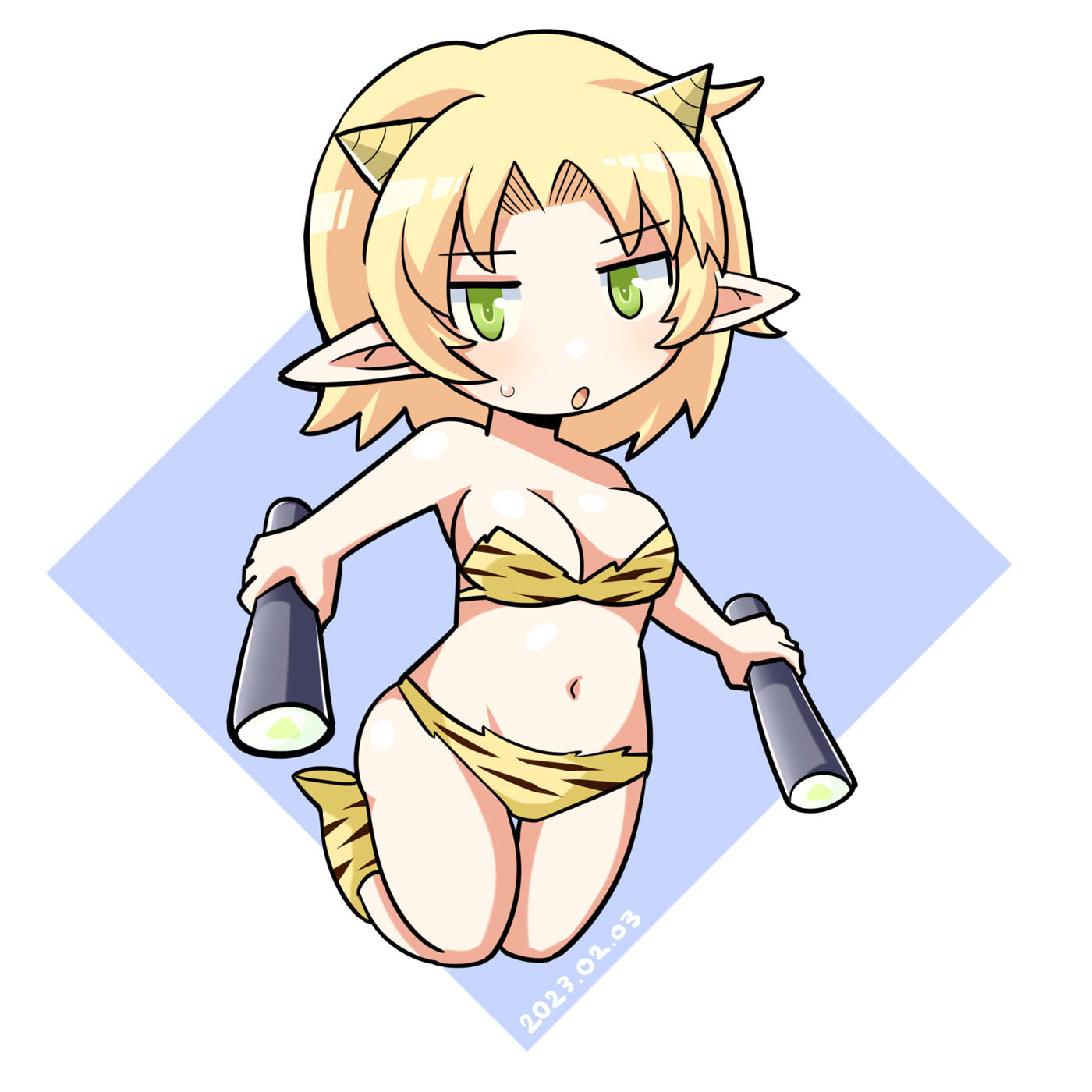 itini-sanshi, joker (cookie), mizuhashi parsee, cookie (touhou), touhou, commentary request, highres, 1girl, animal print, bikini, blonde hair, blue background, blush, breasts, cleavage, cone horns, curtained hair, dated, dual wielding, ehoumaki, food, full body, green eyes, holding, horns, large breasts, looking at viewer, makizushi, navel, open mouth, pointy ears, print bikini, setsubun, short hair, simple background, solo, striped horns, sushi, swimsuit, tiger print, two-tone background, white background, yellow horns