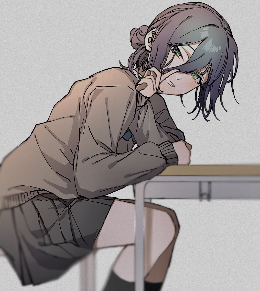 iwawa, reze (chainsaw man), chainsaw man, 1girl, alternate costume, alternate universe, blue bow, blurry, blush, bow, brown cardigan, cardigan, chair, depth of field, desk, green eyes, grey skirt, grey socks, grin, hair between eyes, long sleeves, looking at viewer, school chair, school desk, school uniform, sidelocks, simple background, sitting, skirt, sleeves past wrists, smile, socks, solo, white background