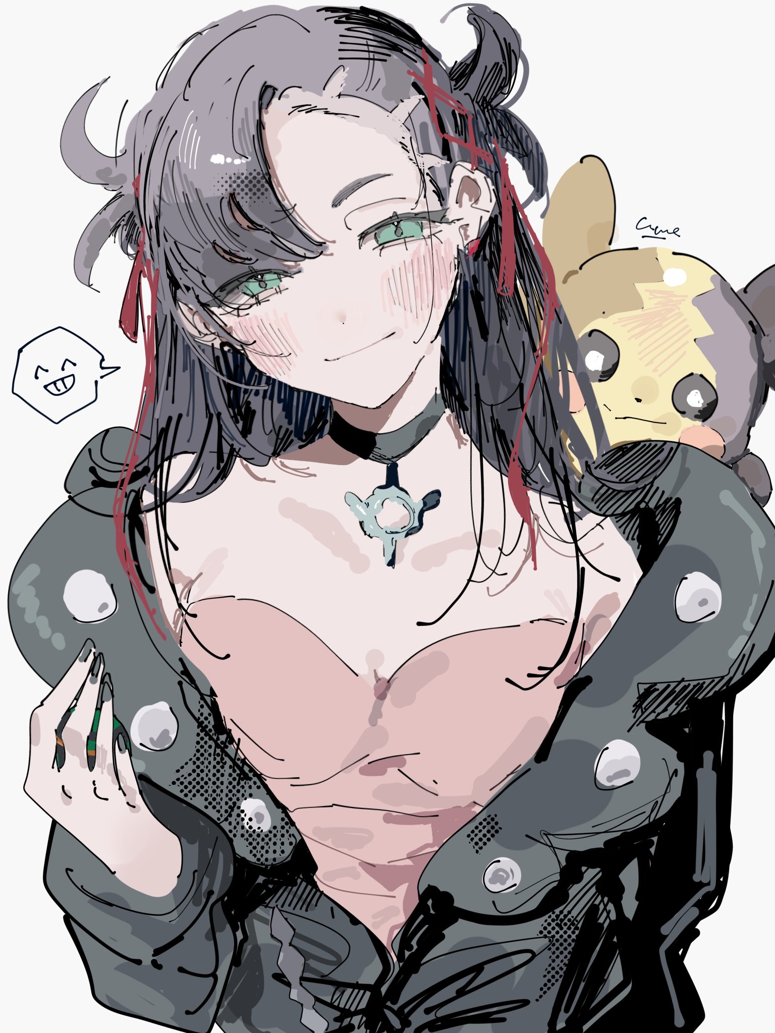 ume (ume 445), marnie (pokemon), morpeko, morpeko (full), nintendo, pokemon, pokemon swsh, commentary request, highres, 1girl, asymmetrical bangs, black choker, black hair, black jacket, black nails, blush, choker, closed mouth, dress, earrings, eyelashes, gen 8 pokemon, green eyes, hair ribbon, head tilt, jacket, jewelry, long hair, nail polish, pokemon (creature), red ribbon, ribbon, smile, upper body, white background