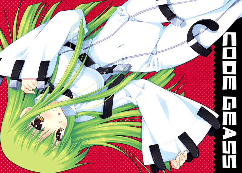 araiguma, c.c., code geass, bad id, bad pixiv id, 00s, 1girl, bodysuit, female focus, green hair, long hair, solo, strap, thigh gap, thighs, yellow eyes