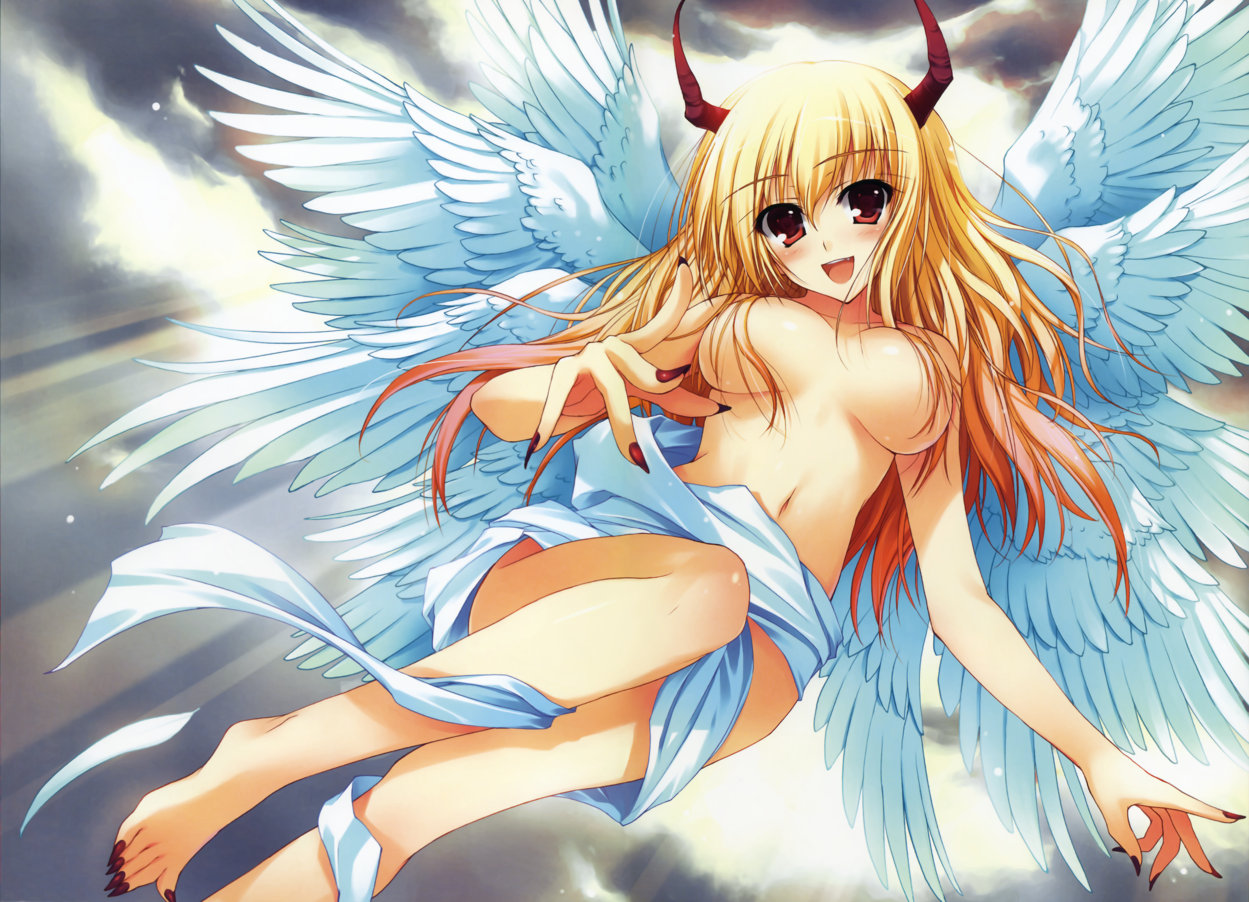 tomose shunsaku, absurdres, highres, 1girl, angel wings, barefoot, blonde hair, blush, breasts, censored, claws, convenient censoring, feet, female focus, fingernails, flying, hair censor, hair over breasts, horns, large breasts, long fingernails, long hair, long toenails, multiple wings, nail (hardware), nail polish, red eyes, red nails, seraph, sky, smile, solo, toenail polish, toenails, toes, topless female, wings