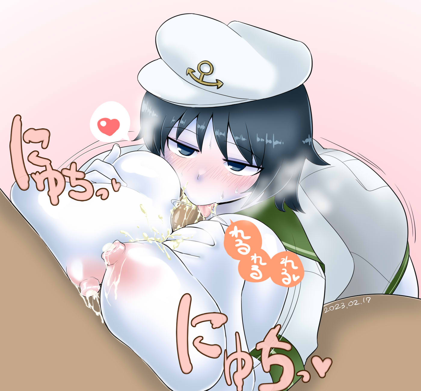 itini-sanshi, milk (cookie), murasa minamitsu, cookie (touhou), touhou, commentary request, highres, 1boy, 1girl, anchor symbol, black eyes, black hair, blush, breasts, cum, cum on body, cum on breasts, cum on upper body, dated, fellatio, green sailor collar, hat, heart, hetero, huge breasts, lactation, licking, licking penis, looking at viewer, nose blush, oral, paizuri, penis, sailor collar, shirt, short hair, solo focus, spoken heart, upper body, white hat, white shirt