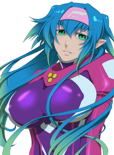 sukeroku, klan klein, macross, macross frontier, bad id, bad pixiv id, textless version, 00s, 1girl, blue hair, bodysuit, breasts, covered erect nipples, female focus, green eyes, headband, large breasts, long hair, purple bodysuit, smile, solo