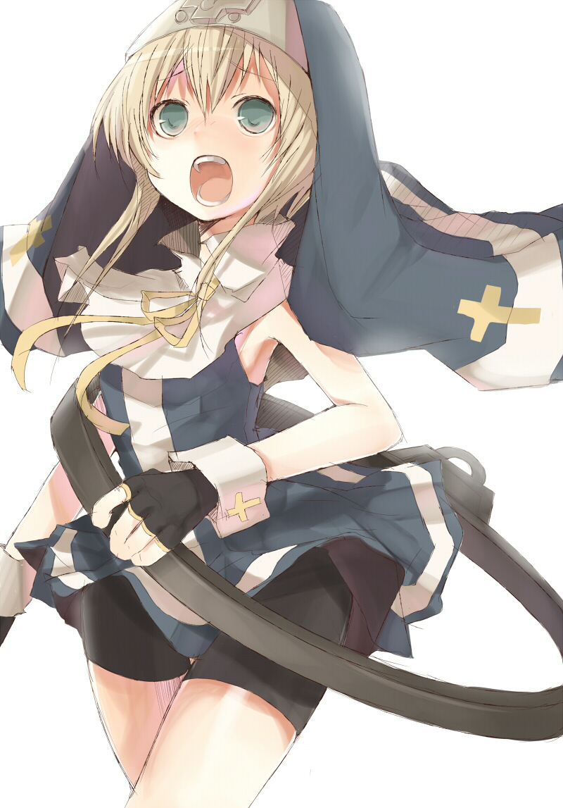 tetsuo (tashirosu), bridget (guilty gear), arc system works, guilty gear, guilty gear xx, habit, bad id, bad pixiv id, 1boy, blonde hair, blue eyes, crossdressing, crossdressing (mtf), cuffs, fingerless gloves, gloves, green eyes, hat, male focus, nun, open mouth, simple background, solo, trap