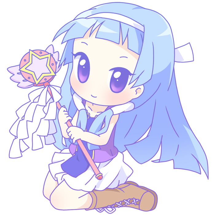 mirai (sugar), nagi, kannagi, 00s, 1girl, blunt bangs, boots, chibi, female focus, hair tubes, pleated skirt, skirt, solo, wand, white skirt