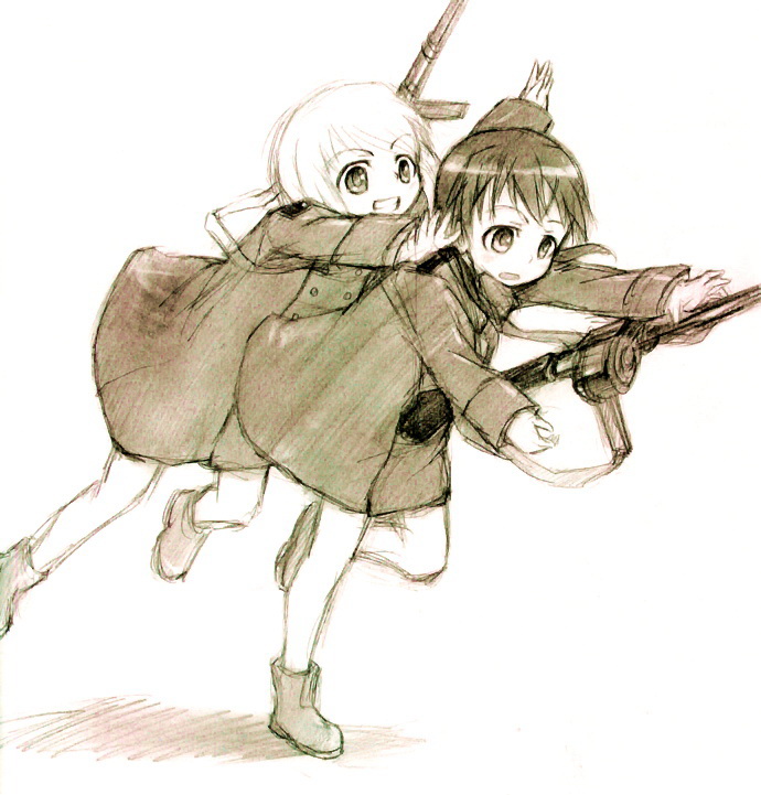 kisetsu, erica hartmann, gertrud barkhorn, strike witches, world witches series, bad id, bad pixiv id, traditional media, 00s, 2girls, aged down, brown theme, monochrome, multiple girls, sketch