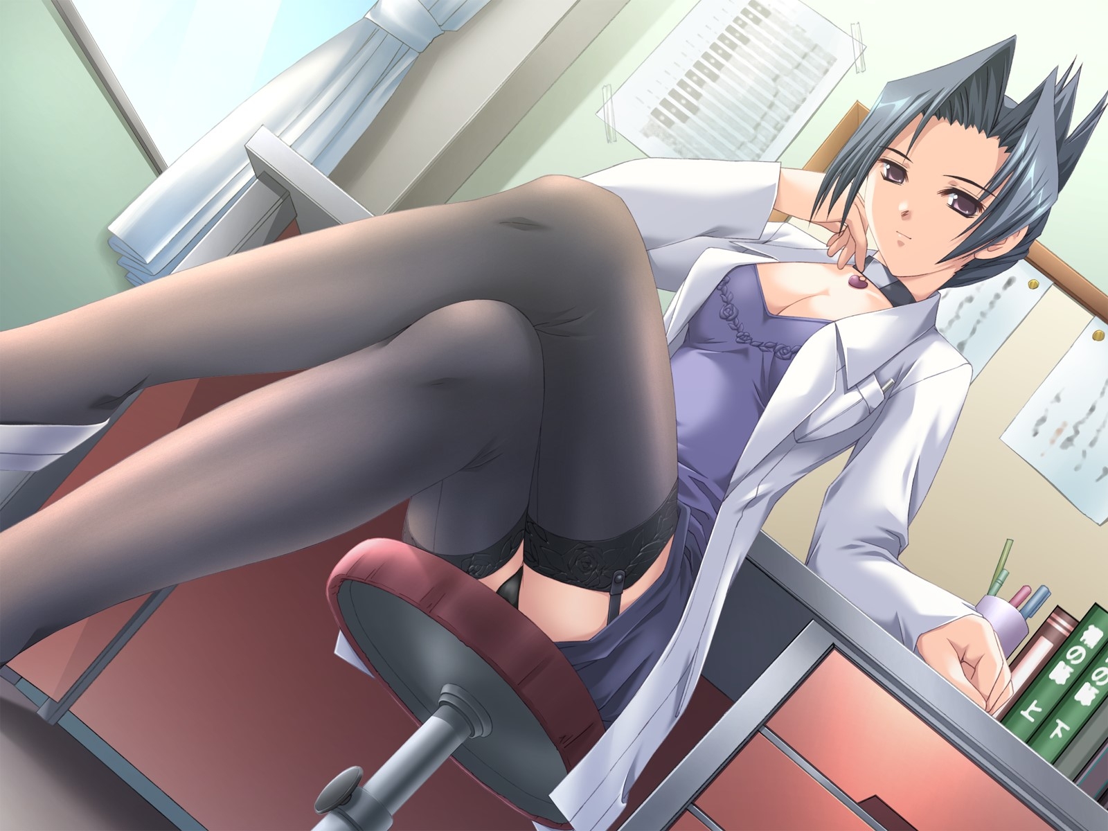zatou, kaoru (ashikoki wakaokusama), ashikoki wakaokusama, wall, game cg, highres, 1girl, black hair, black panties, book, breasts, chair, choker, cleavage, crossed legs, curtains, desk, dress, dutch angle, female focus, floor, garter belt, garter straps, lab coat, legs, lingerie, panties, pantyshot, paper, pen, pencil skirt, purple eyes, shoes, short hair, sitting, skirt, solo, table, thighhighs, underwear, upskirt, window