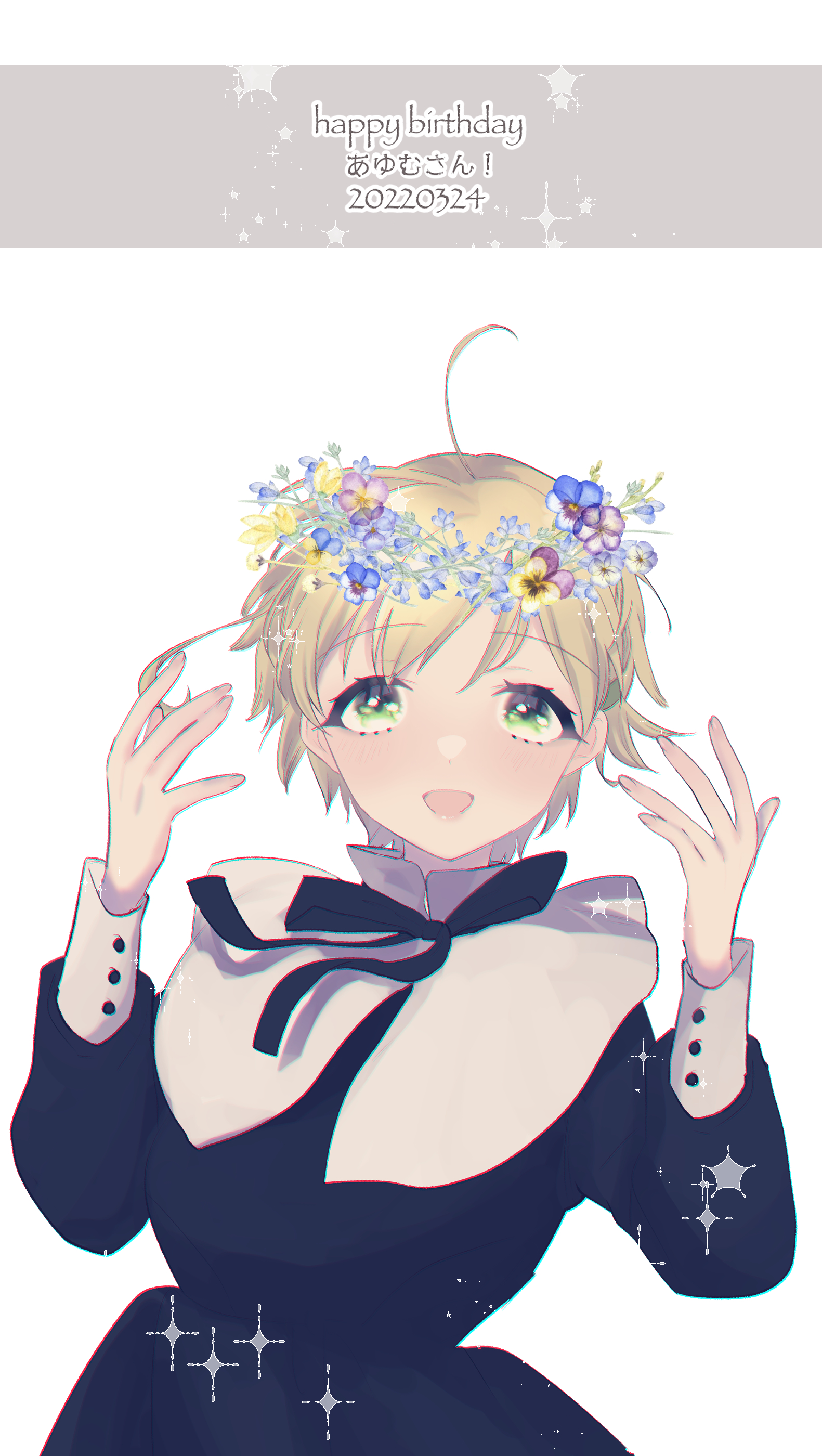 eurasia (wtp09ptw14), original, absurdres, commentary request, highres, 1girl, ahoge, black dress, black ribbon, blonde hair, choppy bangs, cowboy shot, dated, dress, flower, hair flower, hair ornament, hands up, happy birthday, long sleeves, looking at viewer, open mouth, ribbon, short hair, simple background, smile, solo, white background