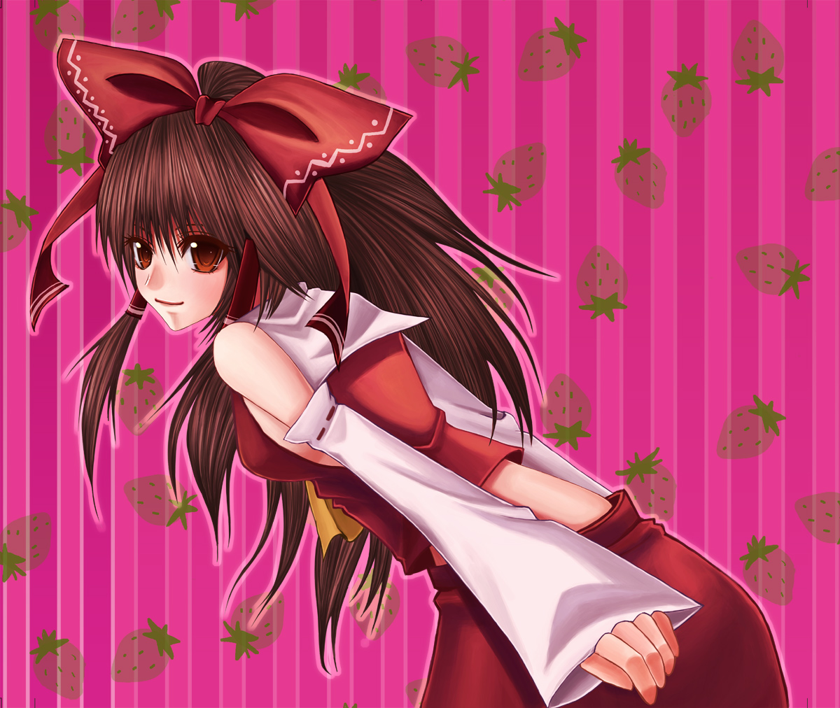 nonoko, yuuka nonoko, hakurei reimu, touhou, bad id, bad pixiv id, 1girl, female focus, japanese clothes, miko, plant, ribbon, skirt, solo