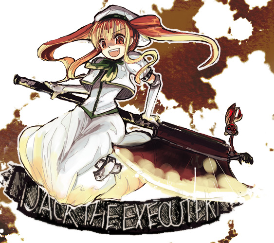 akai tori, bad id, bad pixiv id, 1girl, axe, female focus, hat, orange hair, pet, solo, twintails, weapon