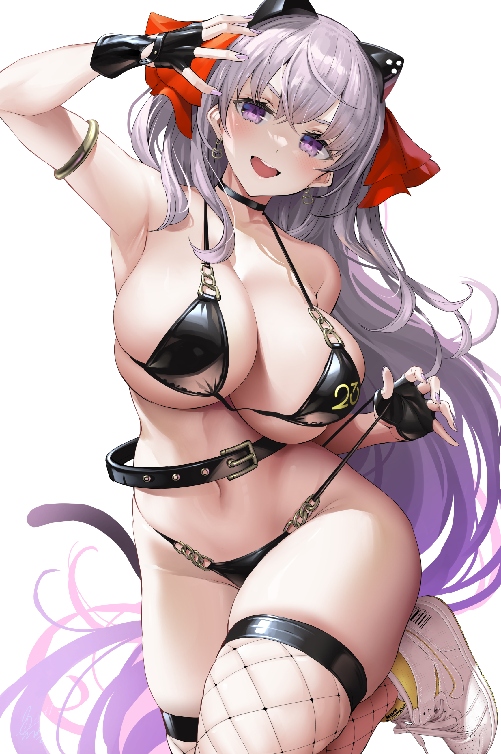 uo denim, bb (fate), fate/extra, fate/grand order, fate (series), absurdres, highres, 1girl, :d, alternate costume, armlet, bikini, black bikini, black choker, black gloves, blush, breasts, choker, cleavage, curvy, earrings, fingerless gloves, fishnet thighhighs, fishnets, gloves, hair ornament, hair ribbon, huge breasts, jewelry, large breasts, long hair, looking at viewer, navel, open mouth, ponytail, red ribbon, ribbon, shoes, sideboob, simple background, smile, sneakers, solo, stomach, swimsuit, thick thighs, thighhighs, thighs, underboob, very long hair, white background, wide hips