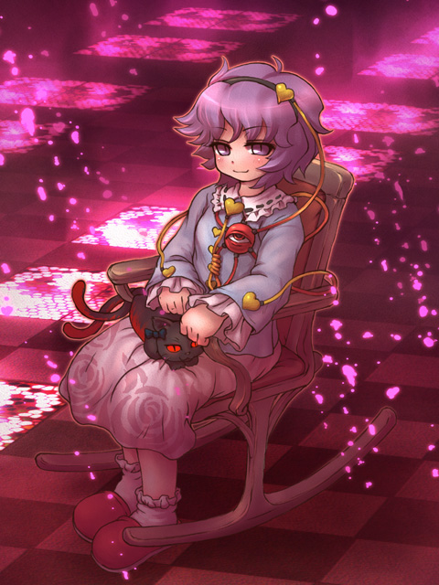 sankuma, kaenbyou rin, kaenbyou rin (cat), komeiji satori, touhou, 1girl, animal, animal on lap, cat, cat on lap, chair, checkered floor, chireiden, female focus, floor, hairband, headpat, long sleeves, on lap, pink hair, red eyes, ribbon, rocking chair, short hair, sitting, skirt, slippers, solo, third eye, tile floor, tiles, wide sleeves