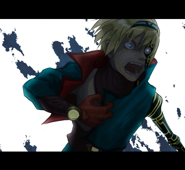 rana (re cis), xi, bosch 1/64, breath of fire, breath of fire v, bad id, bad pixiv id, 1boy, blonde hair, letterboxed, male focus, solo, white background