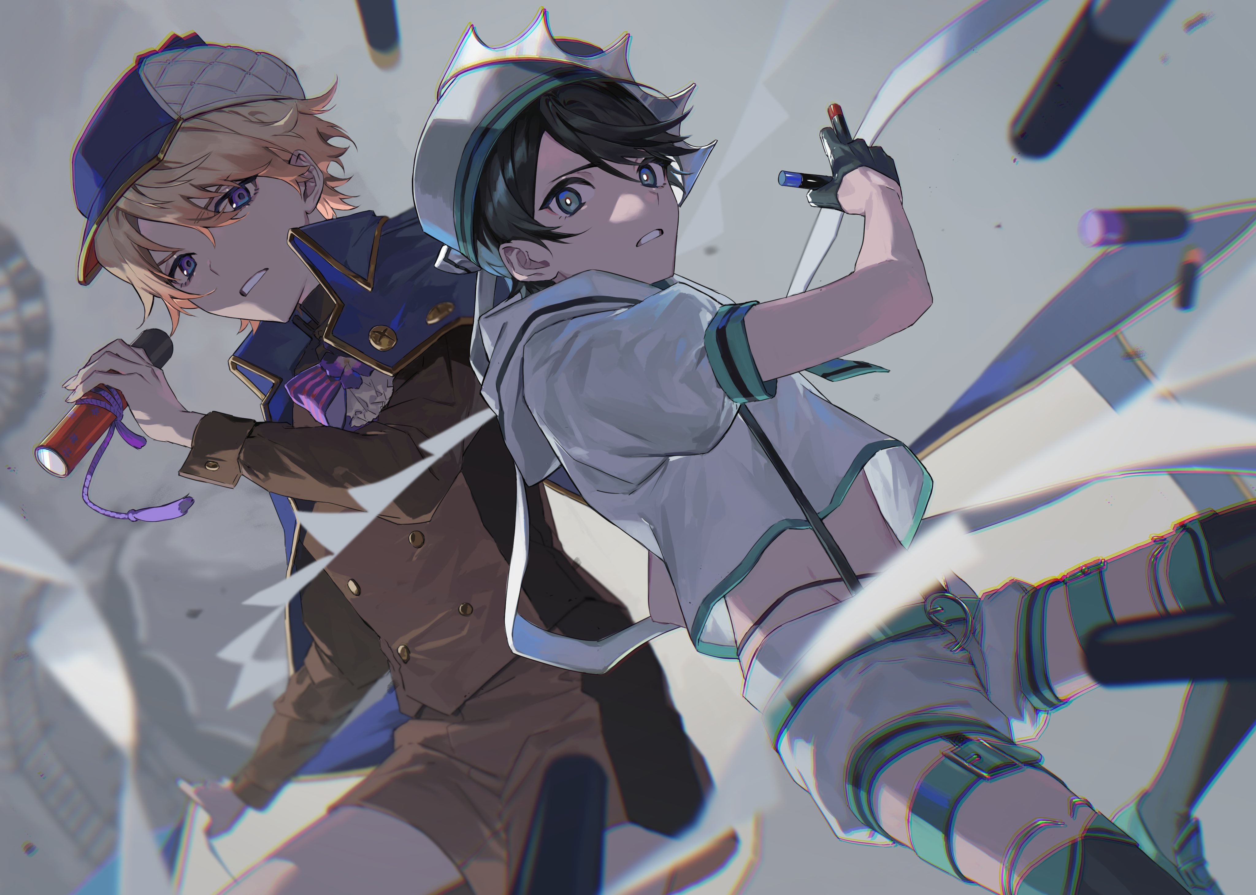 suwada, clock over orquesta, absurdres, highres, 2boys, aqua belt, aqua eyes, aqua neckerchief, aqua shoes, ascot, back-to-back, belt, belt buckle, between fingers, black gloves, black hair, black thighhighs, blonde hair, blue capelet, blue hat, blurry, bow, brown jacket, brown shorts, buckle, buttons, capelet, carousel, clenched teeth, collared capelet, cowboy shot, crayon, crown, deerstalker, depth of field, detective, double-breasted, ferris wheel, flower, fold-over socks, foot out of frame, frown, gloves, grey background, hair between eyes, half gloves, hand up, hat, hip bones, holding, holding crayon, holding telescope, jacket, jewelry, knee up, kokonoe konoe, loafers, long sleeves, looking at viewer, male focus, midriff peek, multiple boys, neckerchief, primrose (flower), puffy short sleeves, puffy sleeves, purple bow, purple eyes, purple flower, sailor collar, sailor hat, sailor shirt, shirt, shoes, short hair, short shorts, short sleeves, shorts, sideways glance, sleeve cuffs, standing, string of flags, striped bow, suspenders, swept bangs, tassel, teeth, telescope, thigh belt, thigh strap, thighhighs, thighlet, tilted headwear, tsuyuri azuma, white ascot, white hat, white sailor collar, white shirt, white shorts