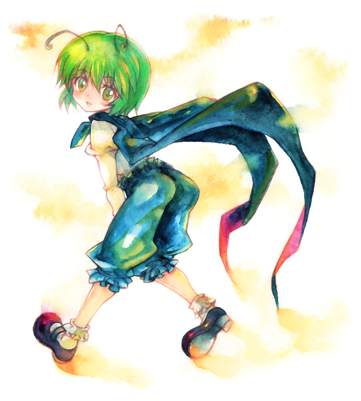 ara, arai kuma, wriggle nightbug, touhou, bad id, bad pixiv id, 1girl, antennae, cape, female focus, green hair, short hair, solo