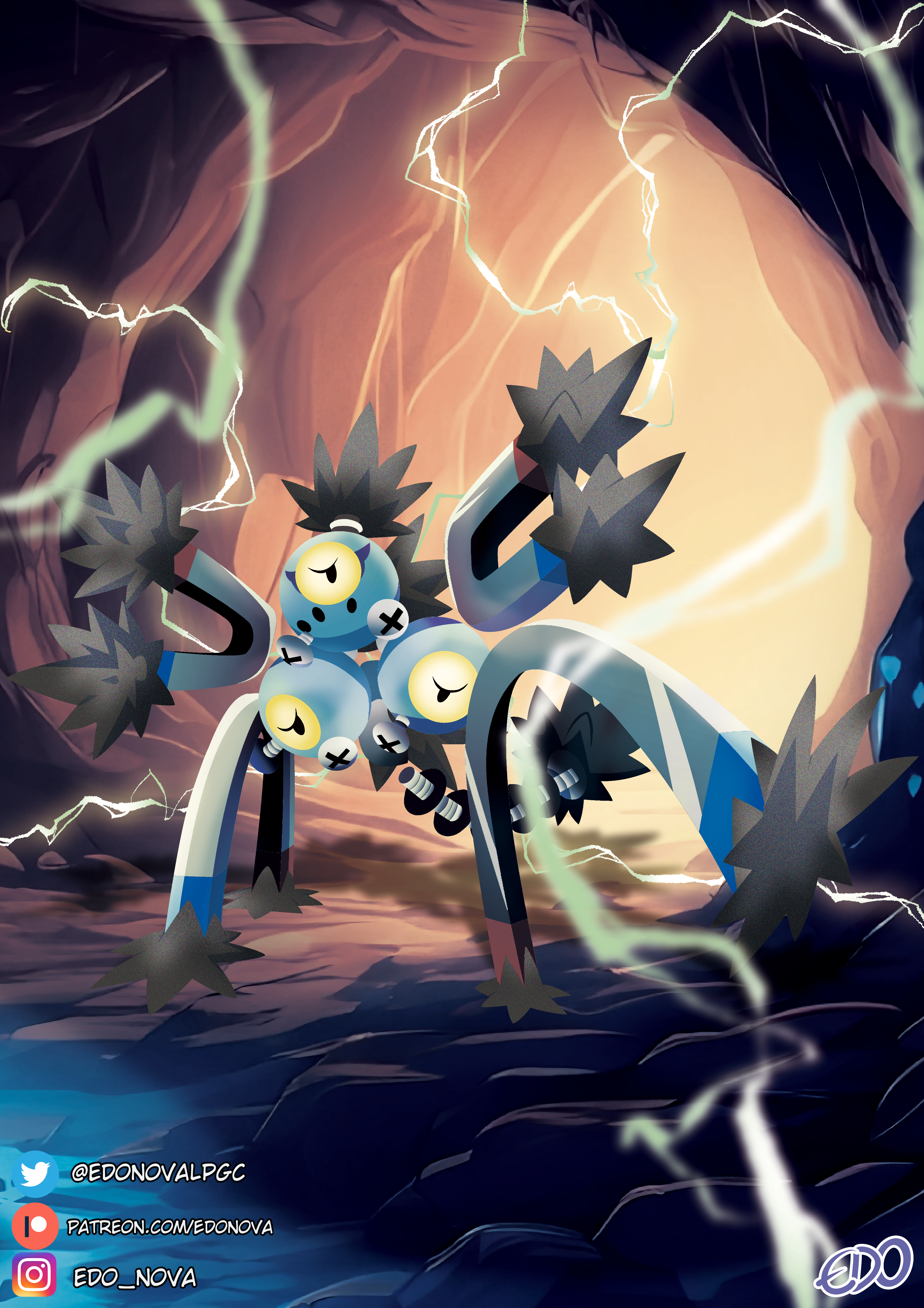 edo nova, sandy shocks, nintendo, pokemon, absurdres, commentary request, highres, mixed-language commentary, artist name, cave, electricity, instagram logo, instagram username, magnet, no humans, one-eyed, patreon logo, patreon username, pokemon (creature), pokemon focus, screw, spanish commentary, twitter logo, twitter username, watermark, web address