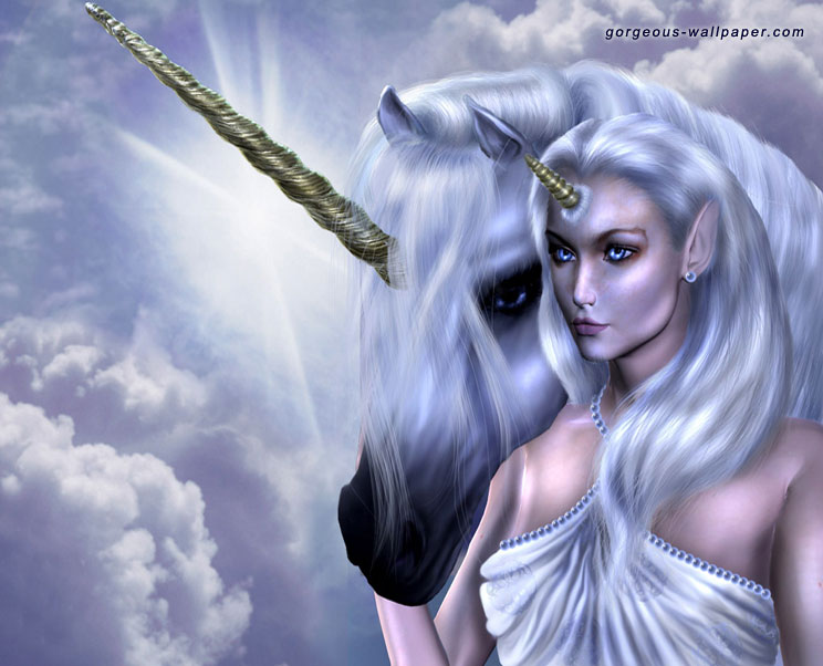 silver hair, blue eyes, cloud, earrings, horns, jewelry, pointy ears, single earring, single horn, unicorn, watermark, web address