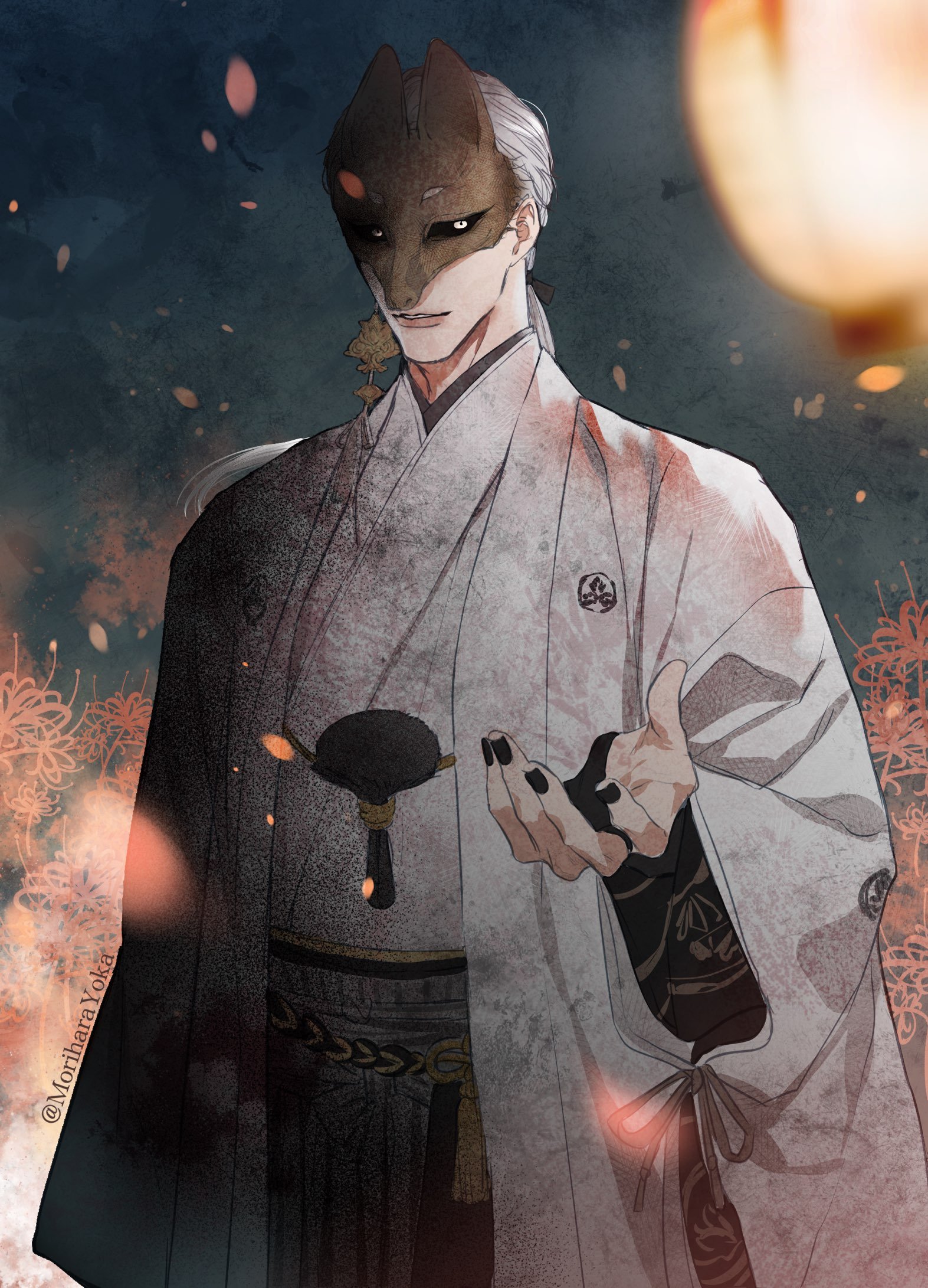 moriharayoka, fox mask (silent hill), silent hill (series), silent hill f, highres, 1boy, black nails, fox mask, japanese clothes, kimono, male focus, mask, ponytail, solo, white hair, white kimono
