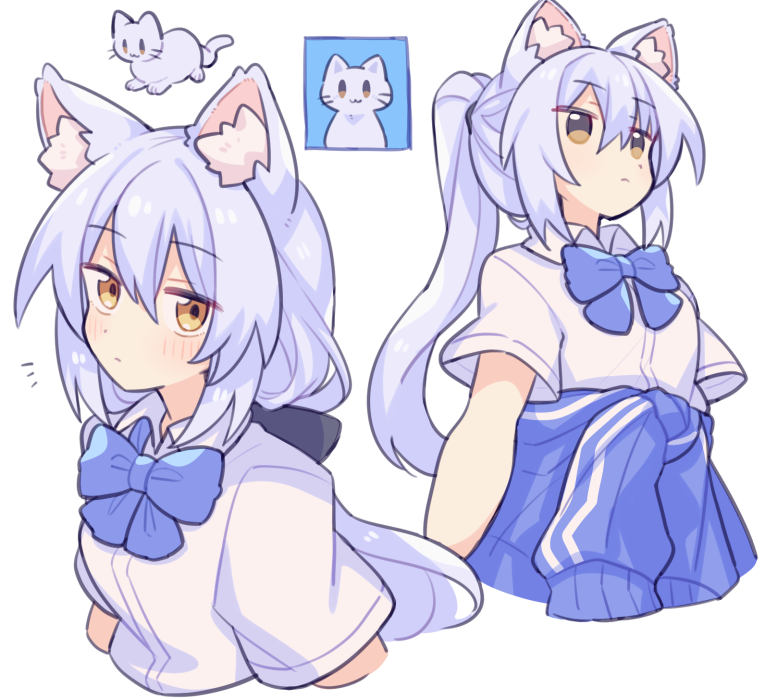 suzuno (suzuno3110), original, commentary, symbol-only commentary, 1girl, animal ear fluff, animal ears, blue bow, blue bowtie, blue sweater, blush, bow, bowtie, cat, cat ears, cat girl, closed mouth, clothes around waist, collared shirt, cropped torso, hair between eyes, long hair, looking at viewer, multiple views, ponytail, purple hair, shirt, short sleeves, simple background, solo, sweater, sweater around waist, white background, white shirt, yellow eyes