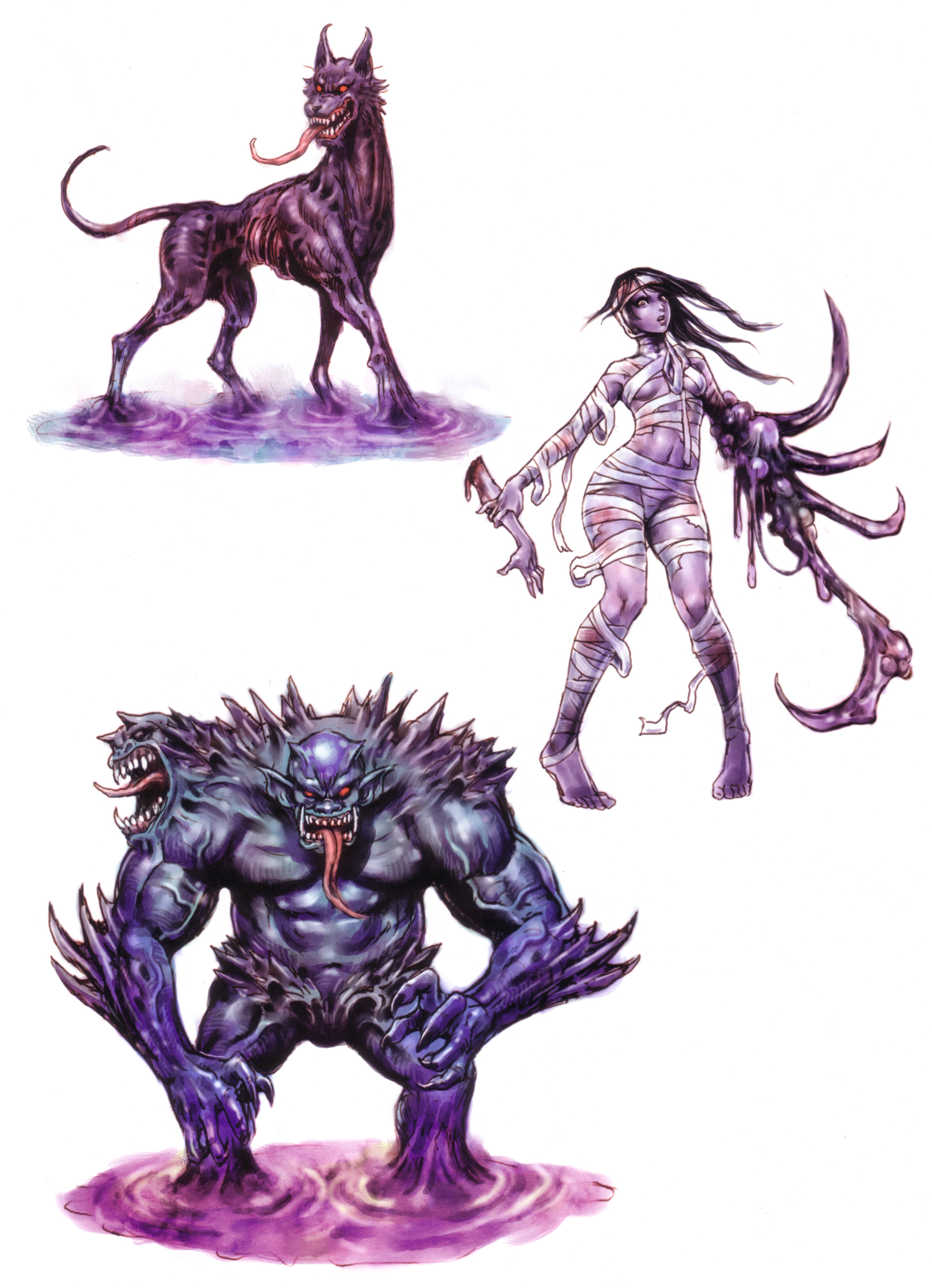yamashita shun'ya, wild flower, absurdres, highres, 1girl, amputee, bandages, black hair, colored skin, demon, dog, long hair, monster, monster girl, purple skin, standing, white background