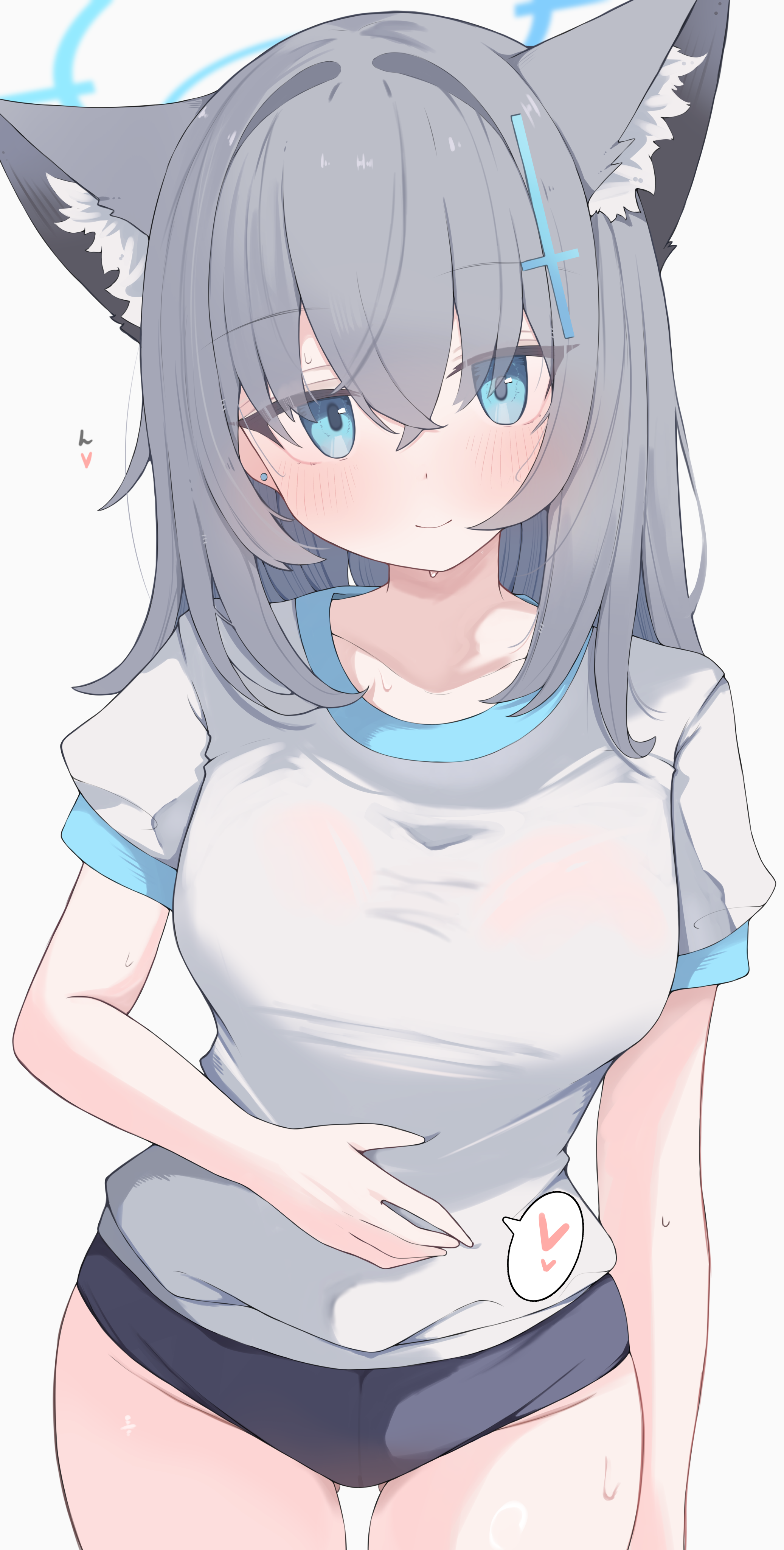 nui (nuinui0300), shiroko (blue archive), blue archive, absurdres, commentary, highres, variant set, 1girl, alternate breast size (larger), animal ear fluff, animal ears, blue buruma, blue halo, blush, breasts, buruma, closed mouth, collarbone, cowboy shot, cross, cross hair ornament, earrings, extra ears, gluteal fold, grey hair, groin, gym shirt, gym uniform, hair between eyes, hair ornament, halo, hand on own stomach, heart, inverted cross, jewelry, large breasts, latin cross, long hair, looking at viewer, puffy short sleeves, puffy sleeves, shirt, short sleeves, simple background, smile, solo, speech bubble, spoken heart, stud earrings, sweat, thighs, white background, white shirt, wolf ears, wolf girl