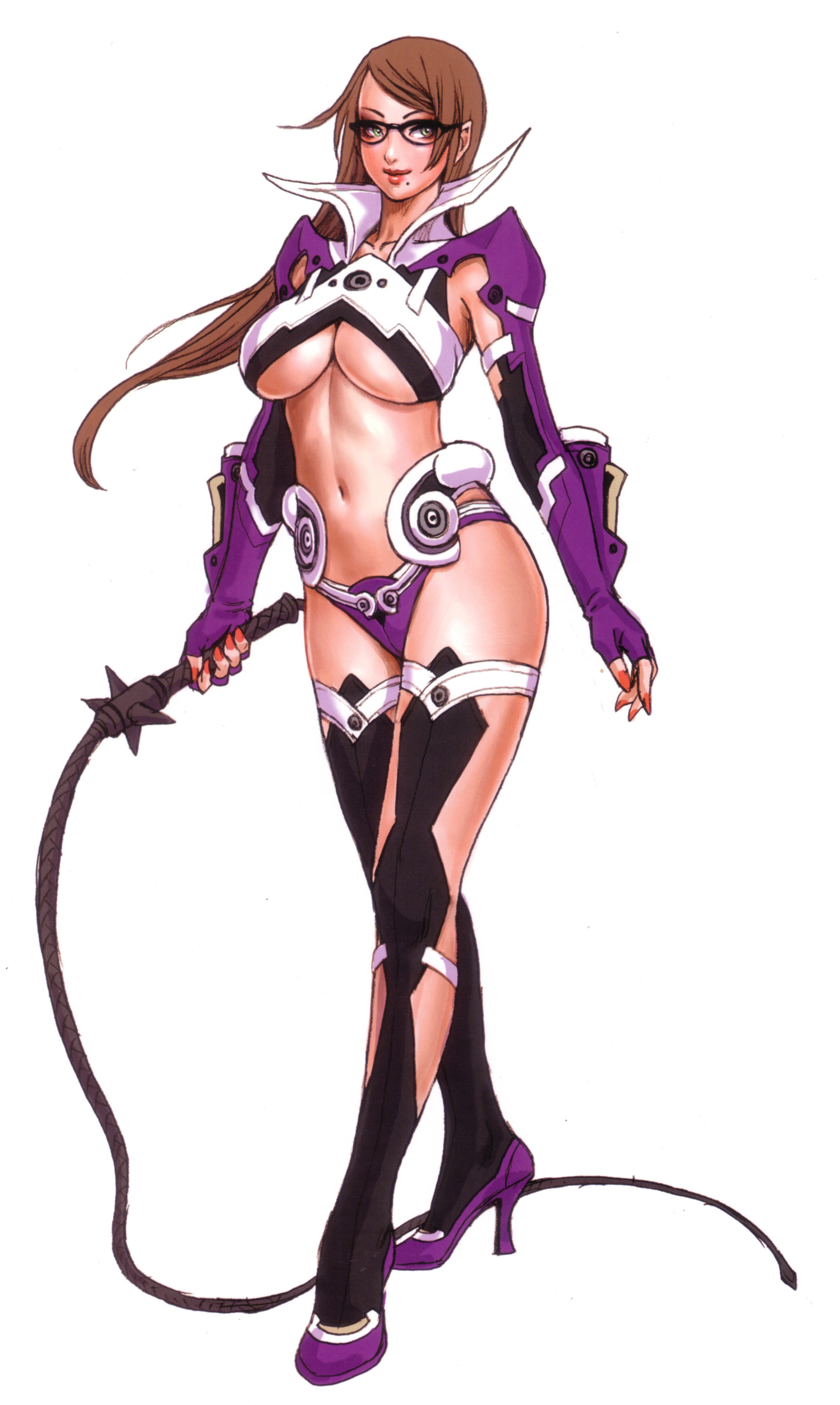yamashita shun'ya, wild flower, absurdres, highres, 1girl, armor, bdsm, bikini armor, breasts, brown hair, contrapposto, curvy, dominatrix, female focus, glasses, green eyes, high heels, large breasts, long hair, mole, nail polish, purple shoes, red nails, shoes, solo, standing, underboob, whip