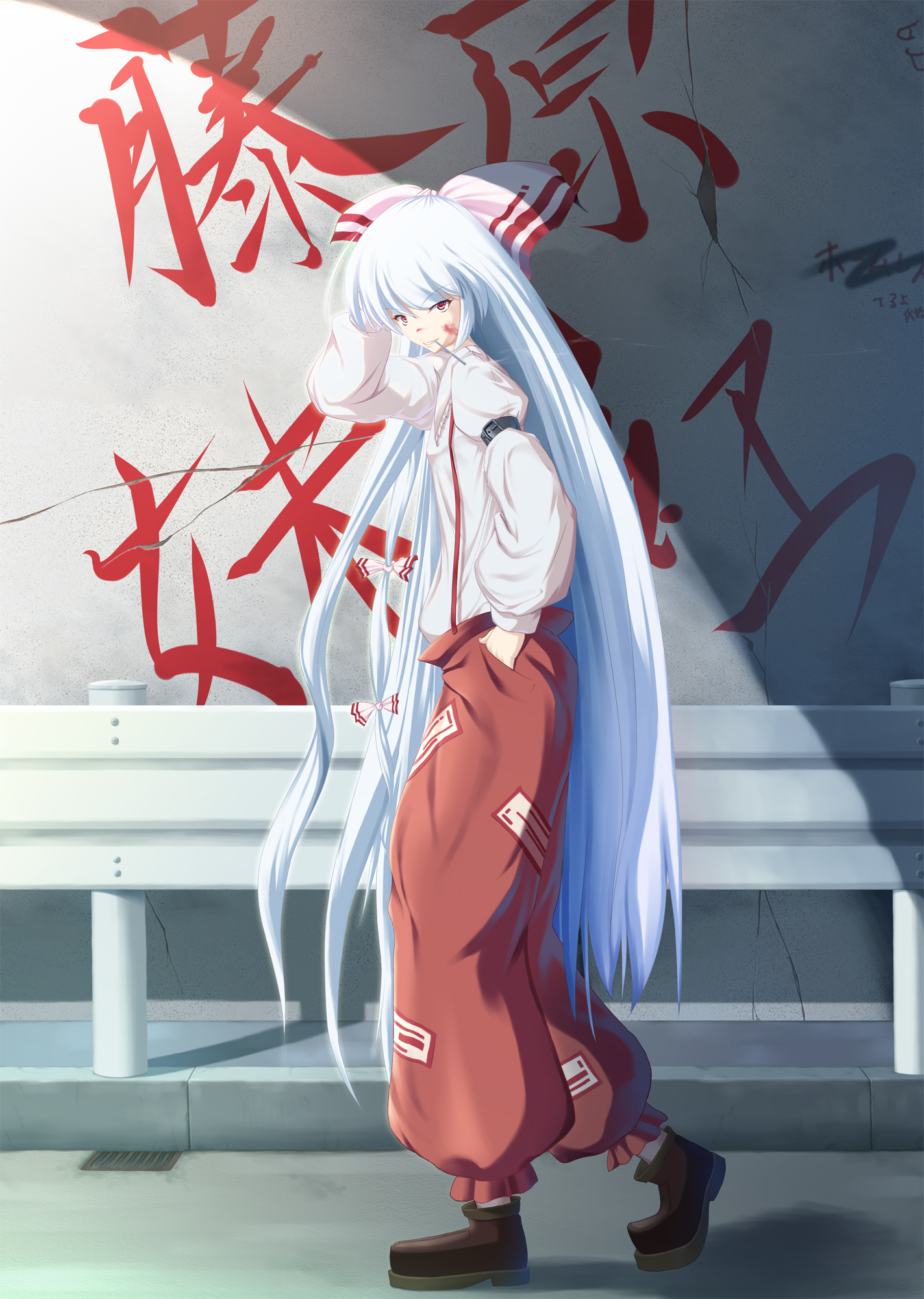 mafu, fujiwara no mokou, touhou, silver hair, bad id, bad pixiv id, highres, 1girl, cigarette, female focus, full body, long hair, outdoors, ribbon, smoking, solo, walking