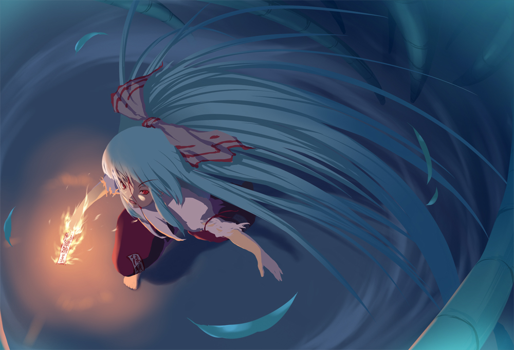 mafu, fujiwara no mokou, touhou, silver hair, bad id, bad pixiv id, 1girl, female focus, fire, long hair, ribbon, solo