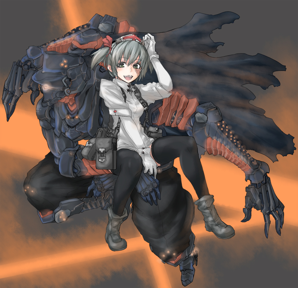 shigama, sigama, silver hair, bad id, bad pixiv id, 1girl, bag, black thighhighs, burn scar, female focus, green eyes, hat, mecha, robot, scar, scar across eye, scar on face, short hair, solo, thighhighs, twintails