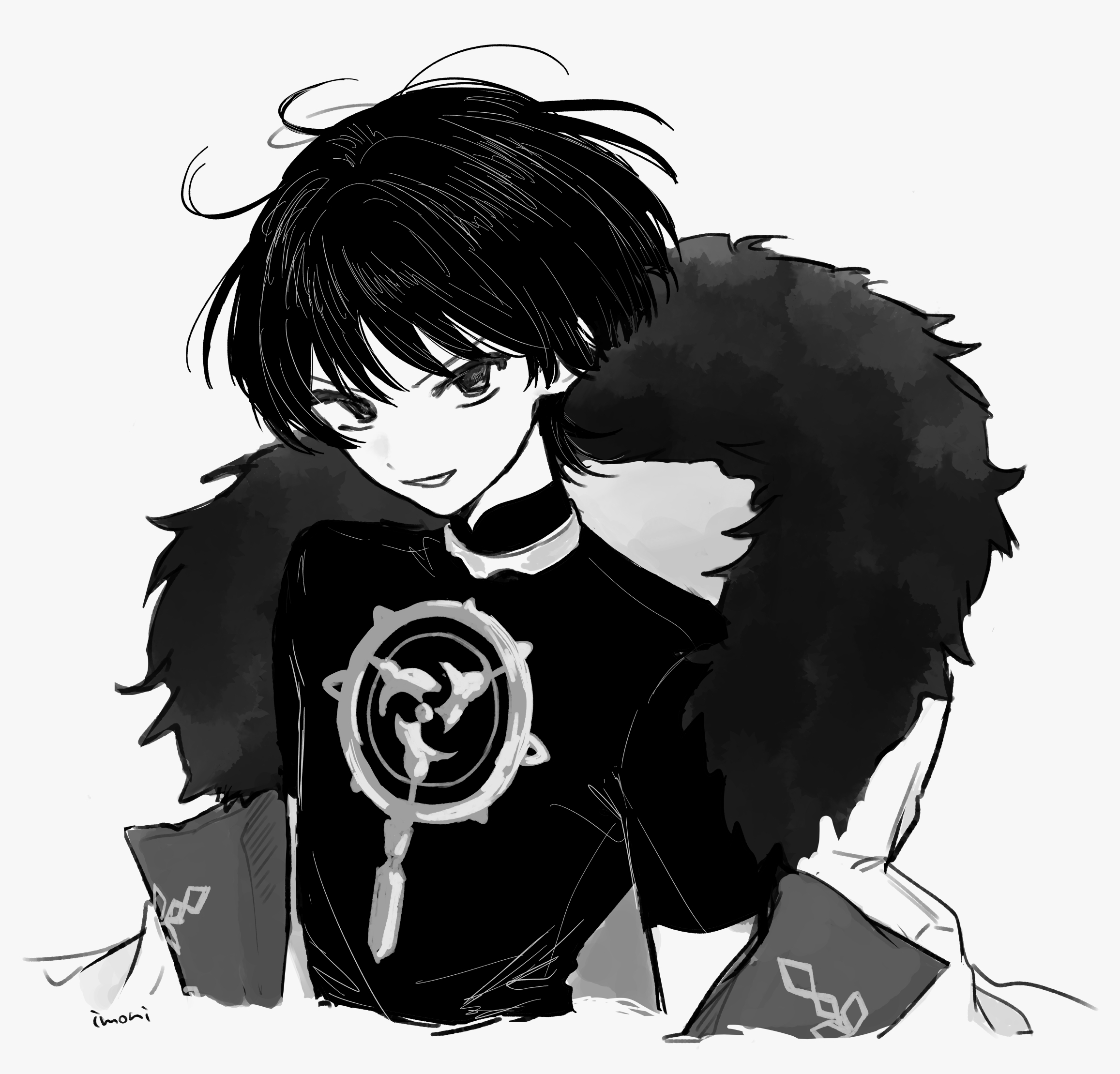 imo ni, scaramouche (genshin impact), genshin impact, highres, 1boy, artist name, blunt ends, coat, cropped torso, fatui coat, fur collar, greyscale, jewelry, lapels, looking at viewer, male focus, mandarin collar, mitsudomoe (shape), monochrome, neck ring, open clothes, open coat, parted lips, shirt, short sleeves, smirk, solo, tomoe (symbol), tsurime, white background, winter clothes, winter coat, wispy bangs