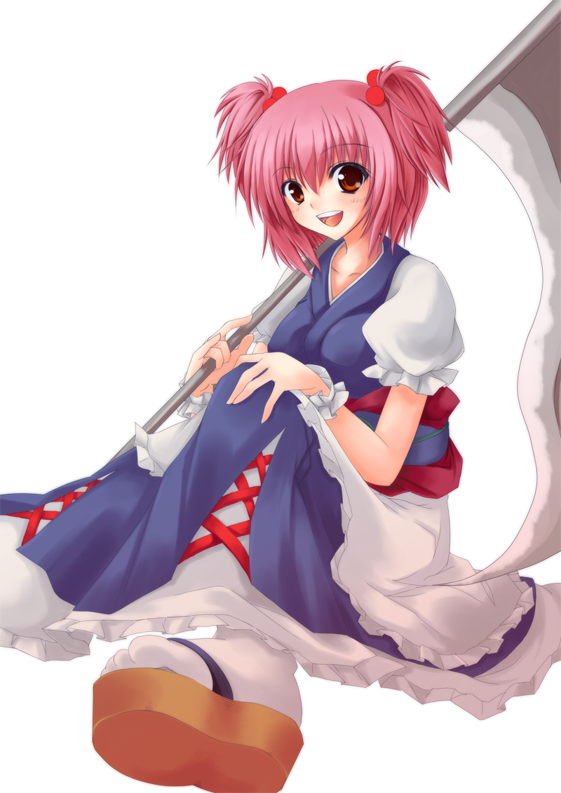 houmatsu, utakata (kochou no yume), onozuka komachi, touhou, bad id, bad pixiv id, 1girl, clog sandals, dress, female focus, hair bobbles, hair ornament, happy, okobo, open mouth, pinky out, platform sandals, red hair, sandals, scythe, short hair, short twintails, simple background, sitting, smile, solo, tareme, twintails, two side up