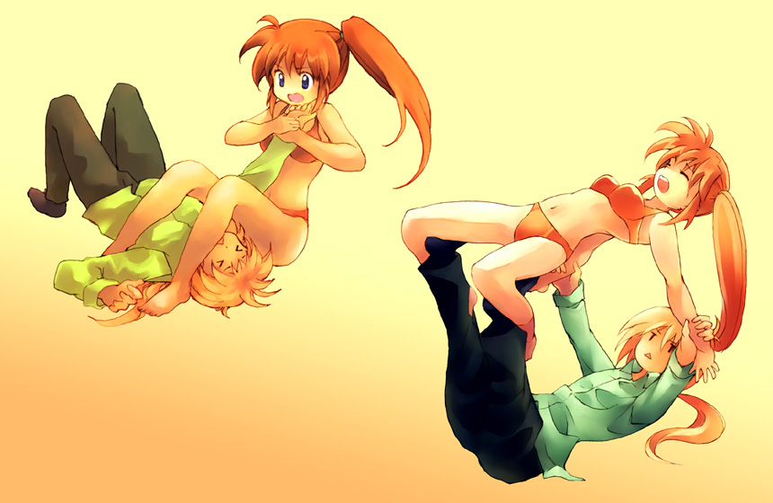 kouno hikaru, takamachi nanoha, yuuno scrya, lyrical nanoha, mahou shoujo lyrical nanoha, bad id, bad pixiv id, > <, 00s, 1boy, 1girl, :<, armbar, barefoot, bra, closed eyes, feet, lingerie, panties, ponytail, side ponytail, submission hold, surfboard (wrestling), triangle mouth, underwear, underwear only, wrestling