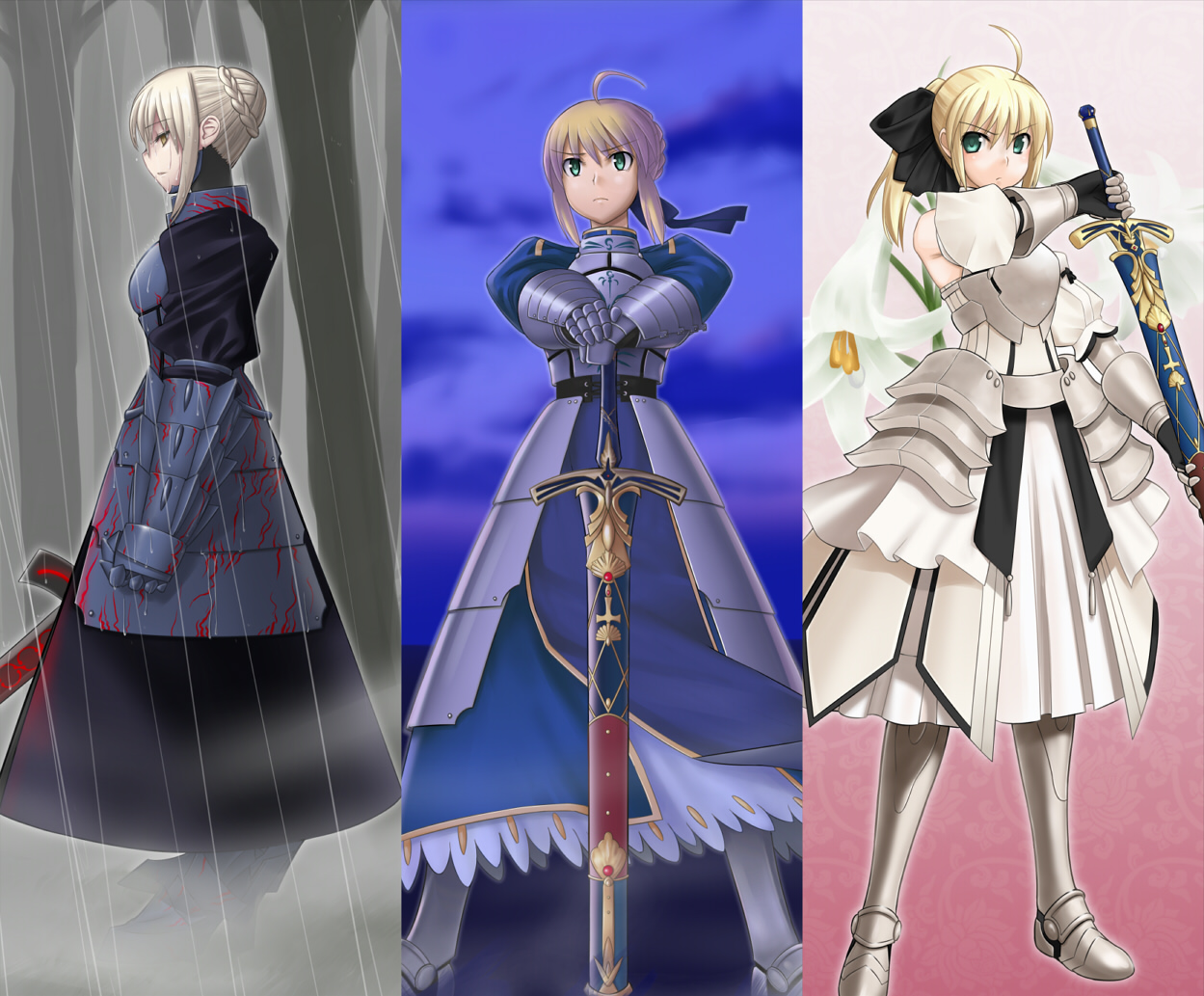 sugar (sugarless), artoria pendragon (fate), saber (fate), saber alter, saber alter (second ascension), saber lily, capcom, fate/stay night, fate/unlimited codes, fate (series), 00s, 3girls, ahoge, armor, armored dress, blonde hair, blood, caliburn (fate), dress, excalibur morgan (fate), gauntlets, green eyes, hair ribbon, multiple girls, ponytail, ribbon, sheath, sheathed, sword, unsheathing, weapon