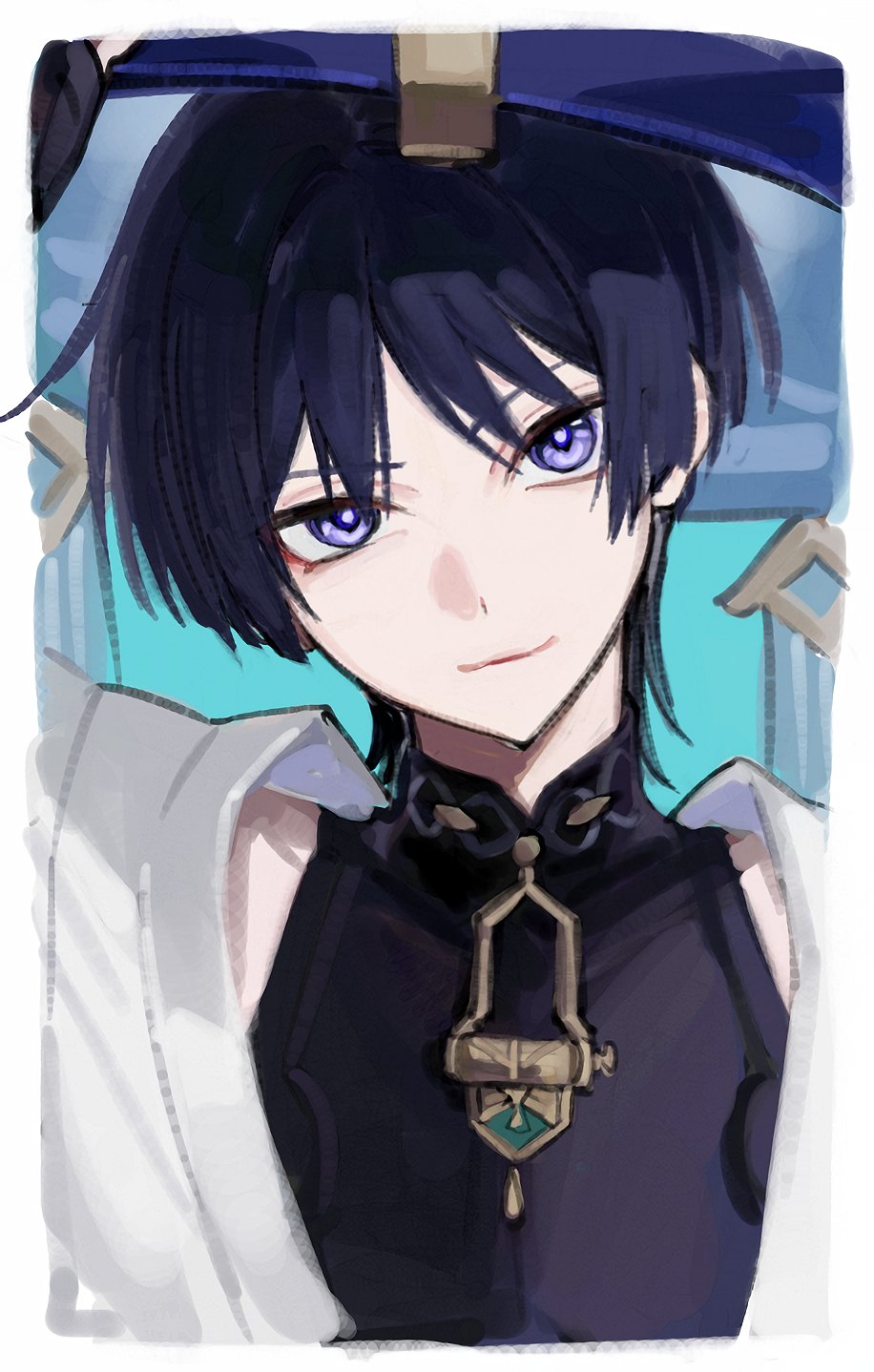 ririri (lilili tea), scaramouche (genshin impact), wanderer (genshin impact), genshin impact, highres, 1boy, asymmetrical legwear, black bodysuit, blue background, blue hat, blunt ends, bodysuit, border, closed mouth, covered collarbone, eyeliner, eyeshadow, gold, hand up, hat, japanese clothes, jingasa, kimono, looking at viewer, makeup, male focus, mandarin collar, portrait, purple eyes, red eyeliner, red eyeshadow, shoulder peek, smile, solo, tsurime, uneven legwear, white border, white kimono, white sleeves, wispy bangs
