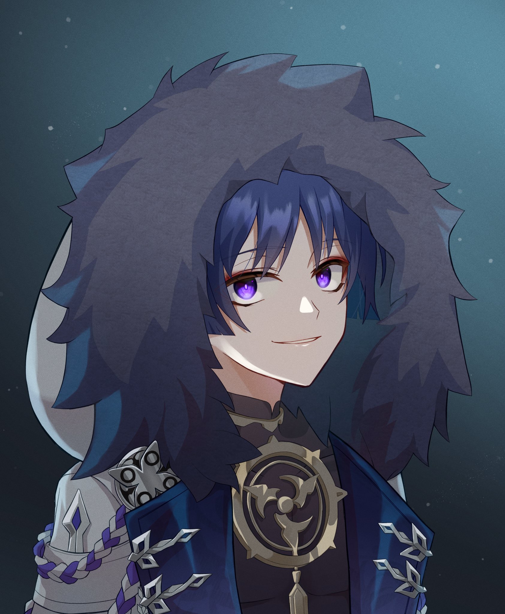 saigawa genshin, scaramouche (genshin impact), genshin impact, highres, 1boy, aiguillette, aqua background, aqua hair, black hair, blunt ends, coat, colored inner hair, covered collarbone, eyeliner, eyeshadow, fatui coat, fatui logo, fur-trimmed coat, fur-trimmed hood, fur trim, gold, hood, hood up, hooded coat, jewelry, lapels, lipgloss, looking at viewer, makeup, male focus, mandarin collar, mitsudomoe (shape), multicolored hair, neck ring, open clothes, open coat, parted lips, portrait, purple eyes, purple rope, red eyeliner, red eyeshadow, rope, shimenawa, smirk, solo, tomoe (symbol), white coat, white mouth, white rope, white sleeves, winter clothes, winter coat