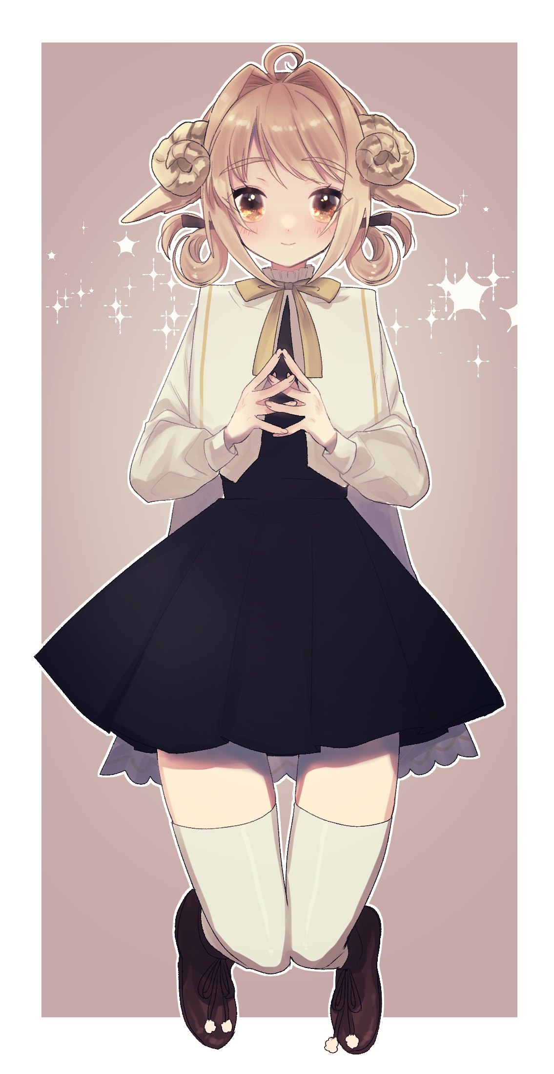 eurasia (wtp09ptw14), original, commentary request, highres, 1girl, ahoge, black skirt, border, brown background, brown eyes, brown hair, brown shoes, closed mouth, curled horns, full body, horns, long sleeves, looking at viewer, outside border, own hands together, shirt, shoes, short hair, skirt, smile, solo, straight-on, swept bangs, thighhighs, white border, white shirt, white thighhighs
